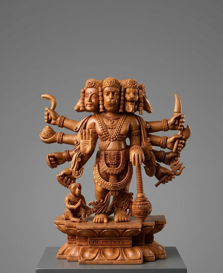 木彫　超えて行け 5 Mukhi Hanuman Ji – Sandalwood Carving (8 Inches) – Malji Arts