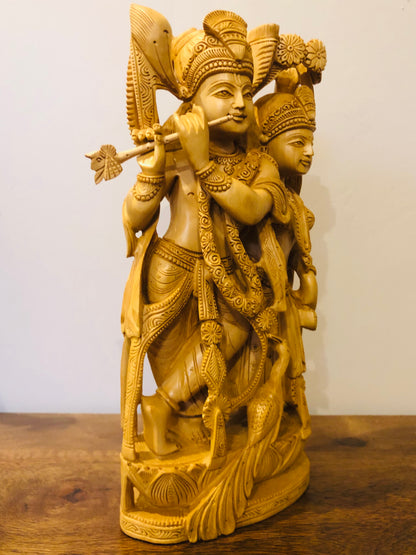 Wooden Beautifully Carved Radha Krishna Statue