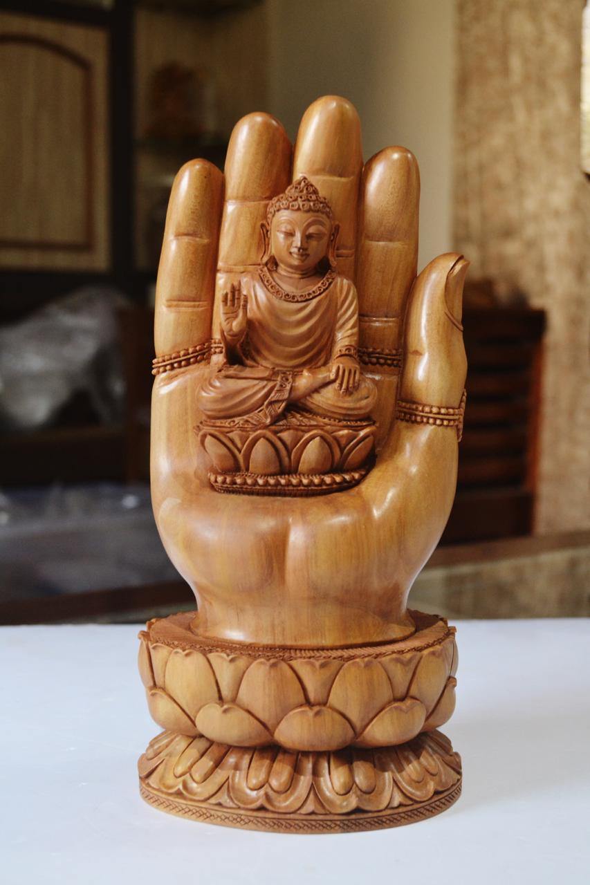 Sandalwood handmade Buddha statue in palm collectible Home Decor Gift - Arts99 - Online Art Gallery