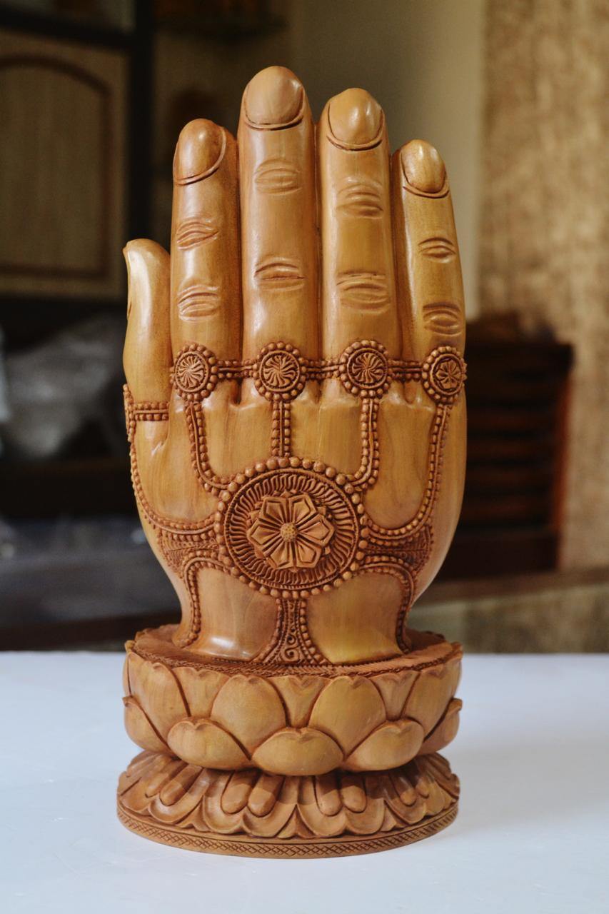 Sandalwood handmade Buddha statue in palm collectible Home Decor Gift - Arts99 - Online Art Gallery