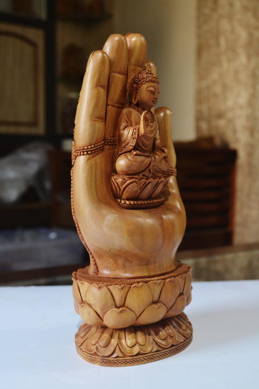 Sandalwood handmade Buddha statue in palm collectible Home Decor Gift - Arts99 - Online Art Gallery