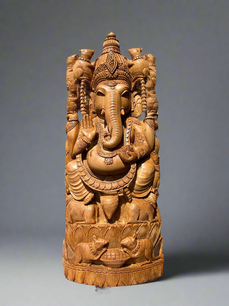 Sandalwood Rare Ganesha Sitting on Mouse statue.