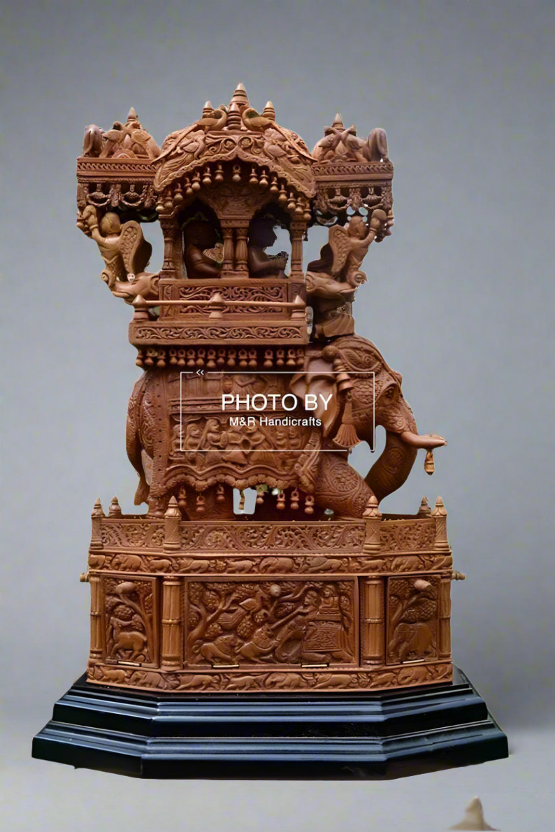 Sandalwood Fine Carved Royal Elephant Ambabari with Opening Base
