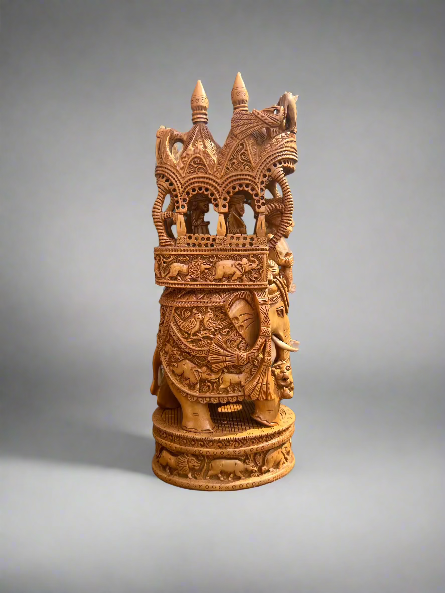 Vintage Sandalwood Fine Carved Royal Elephant Ambabari Statue