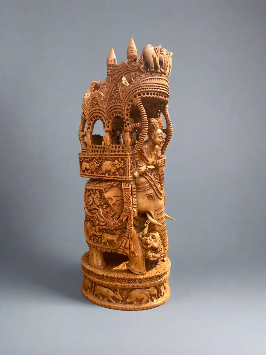 Vintage Sandalwood Fine Carved Royal Elephant Ambabari Statue