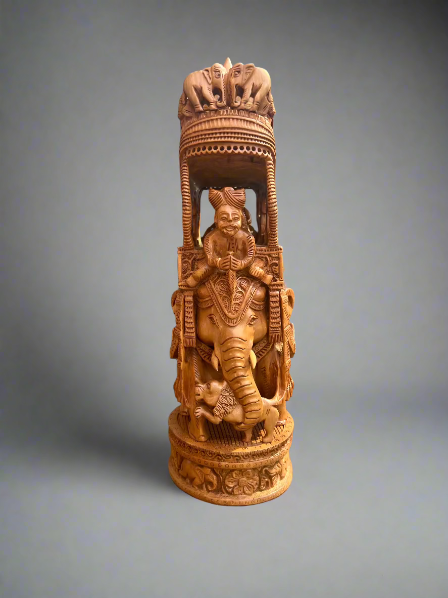 Vintage Sandalwood Fine Carved Royal Elephant Ambabari Statue