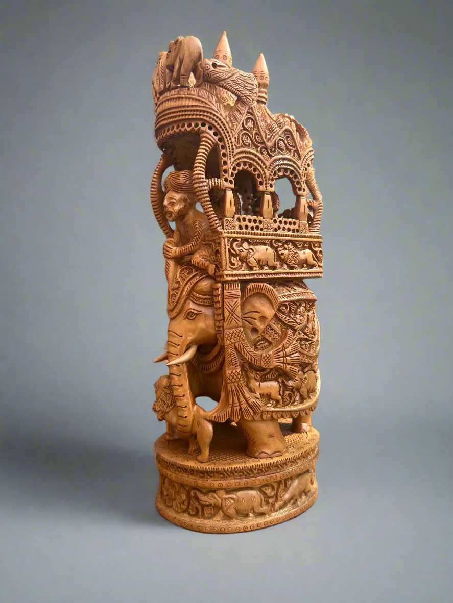 Vintage Sandalwood Fine Carved Royal Elephant Ambabari Statue