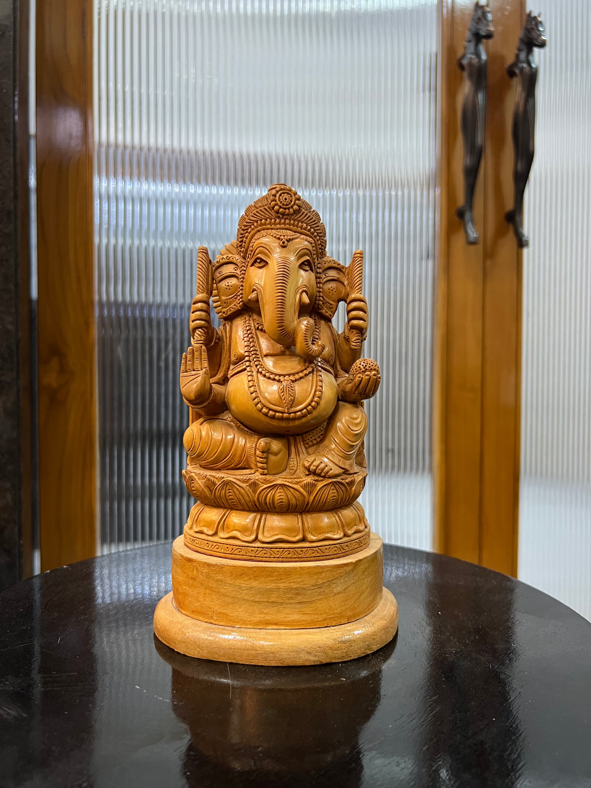 Hand-Carved Sandalwood Ganesha on Lotus (8 inches)