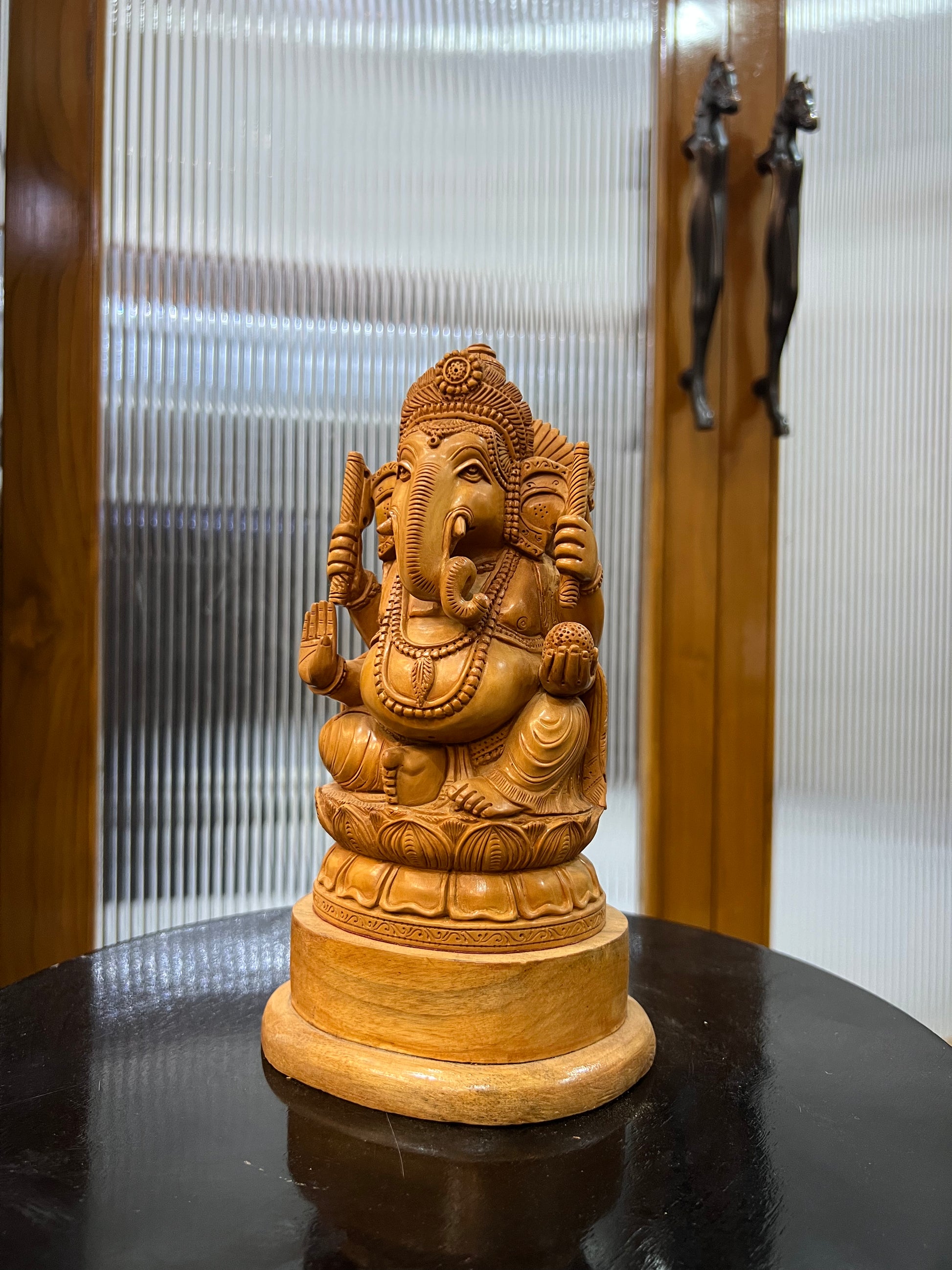 Hand-Carved Sandalwood Ganesha on Lotus (8 inches)