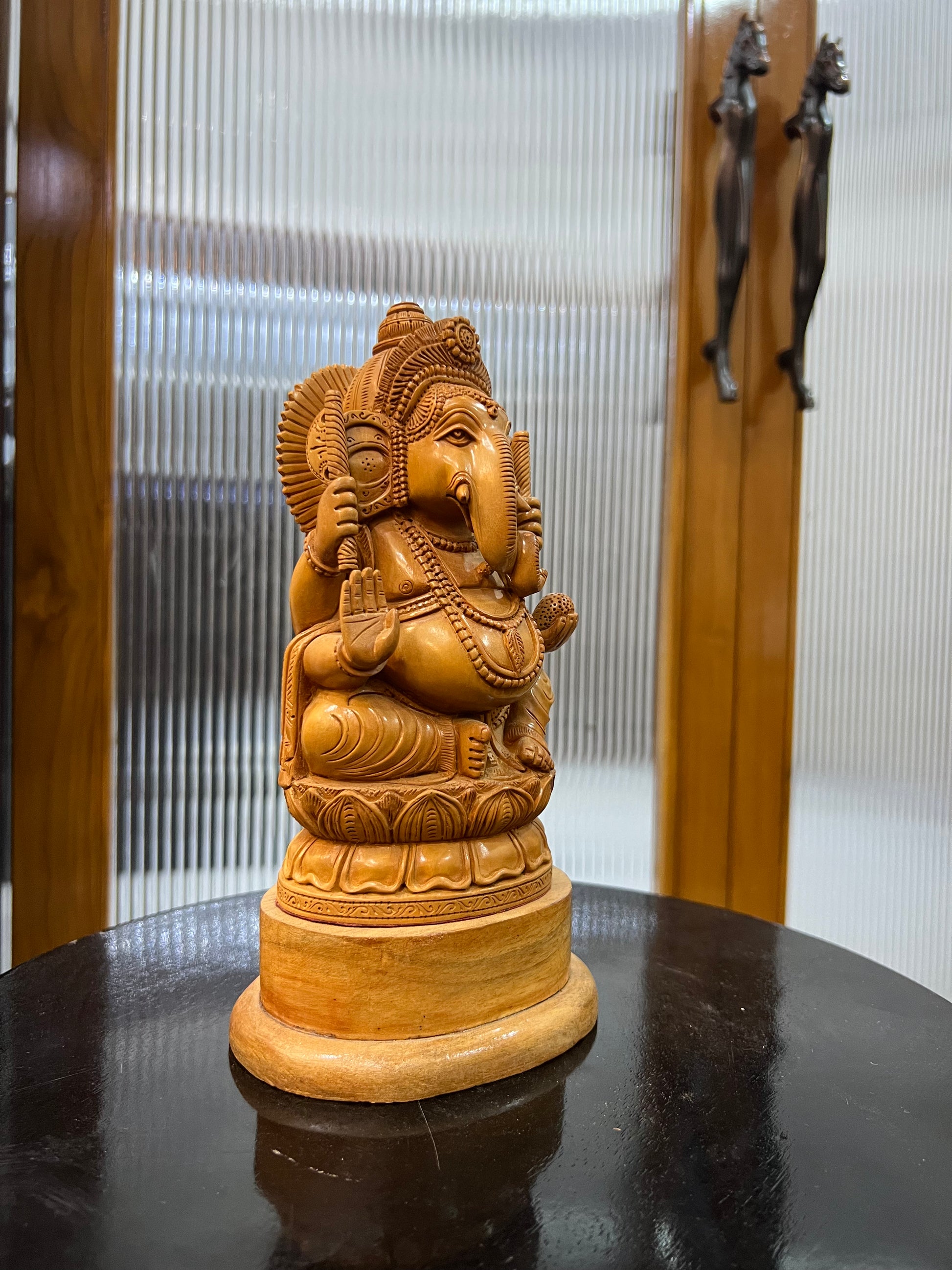Hand-Carved Sandalwood Ganesha on Lotus (8 inches)
