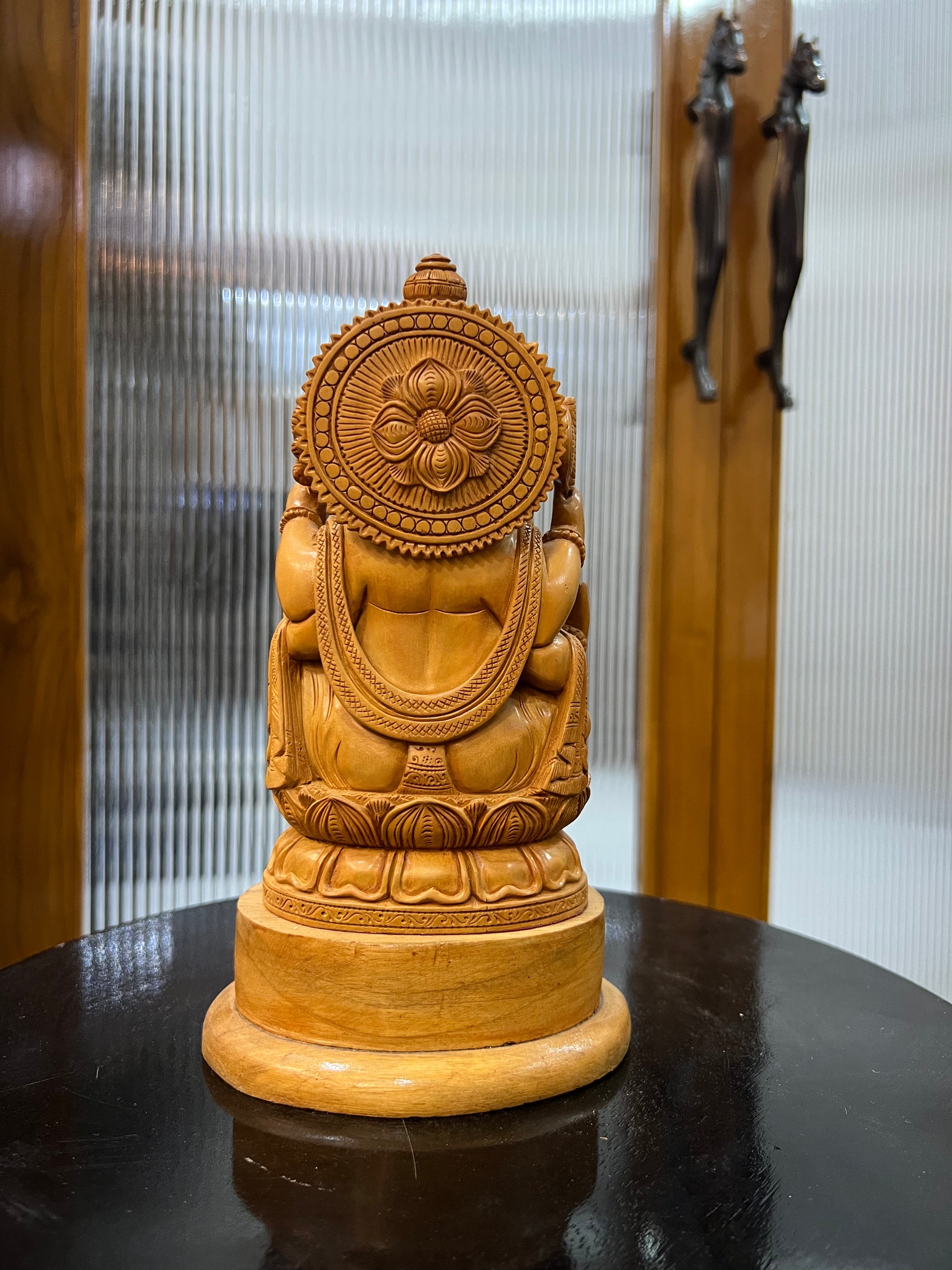 Hand-Carved Sandalwood Ganesha on Lotus (8 inches)