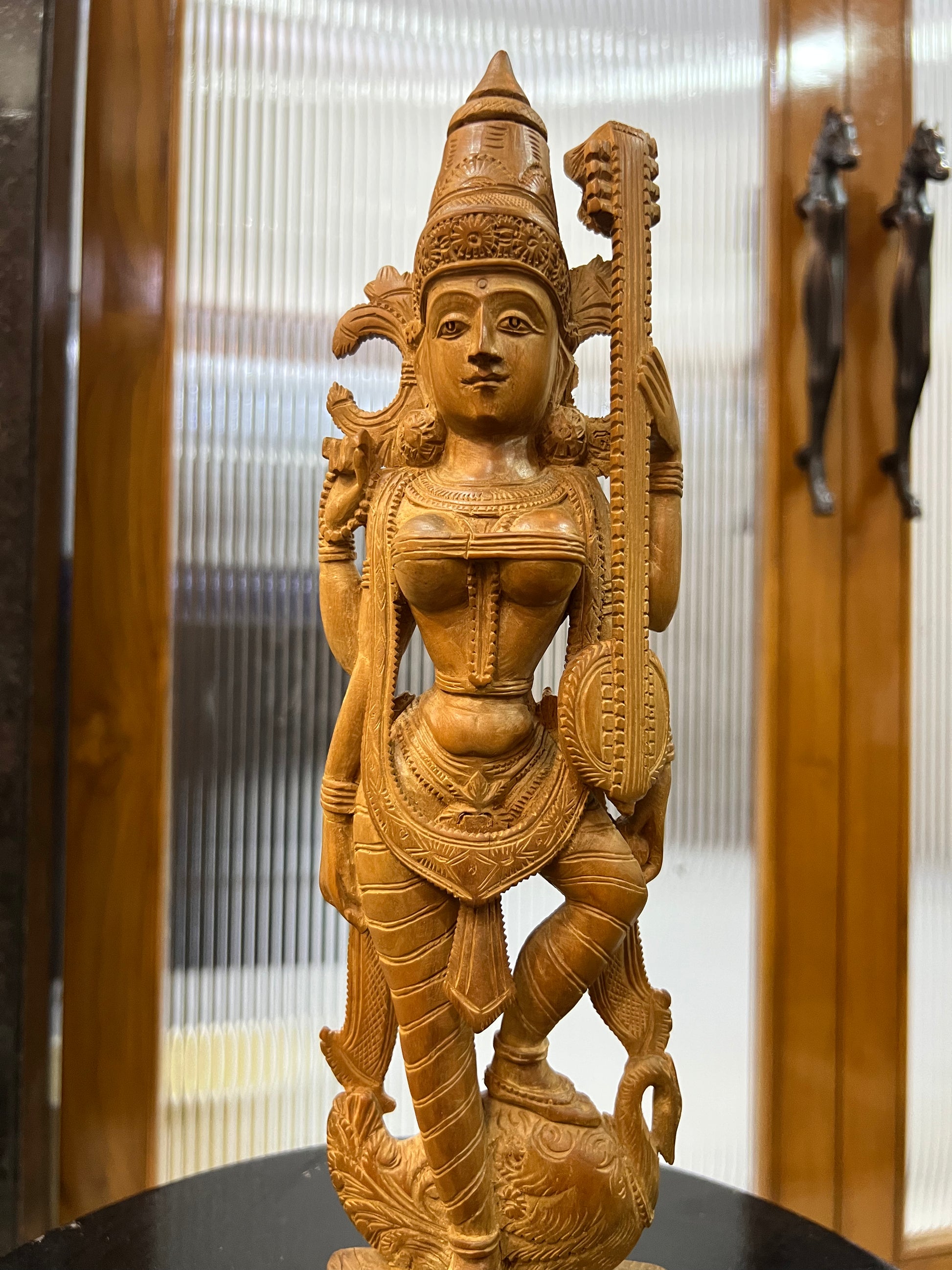 Vintage Sandalwood Carving Saraswati Statue (14" inches)