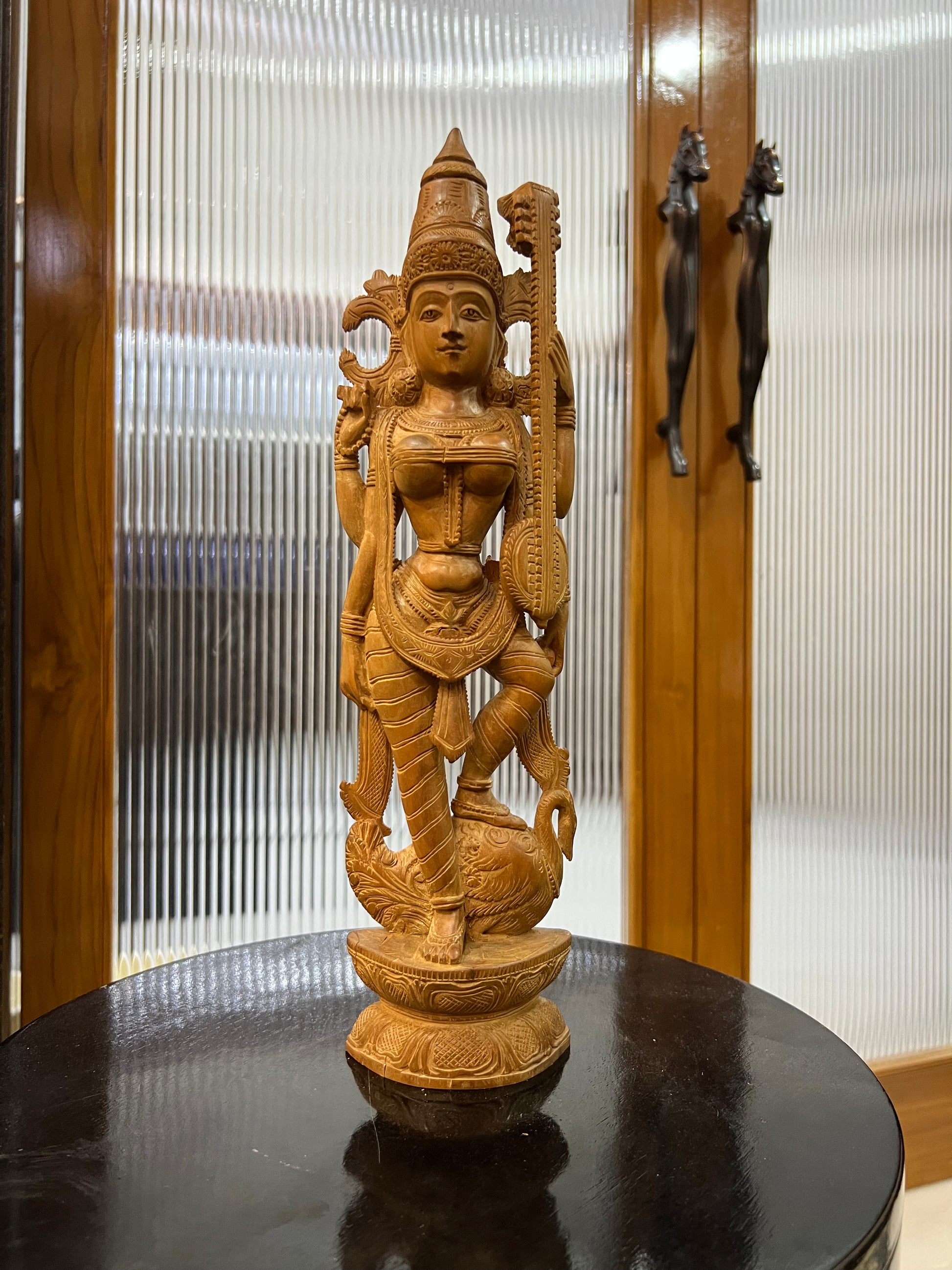 Vintage Sandalwood Carving Saraswati Statue (14" inches)