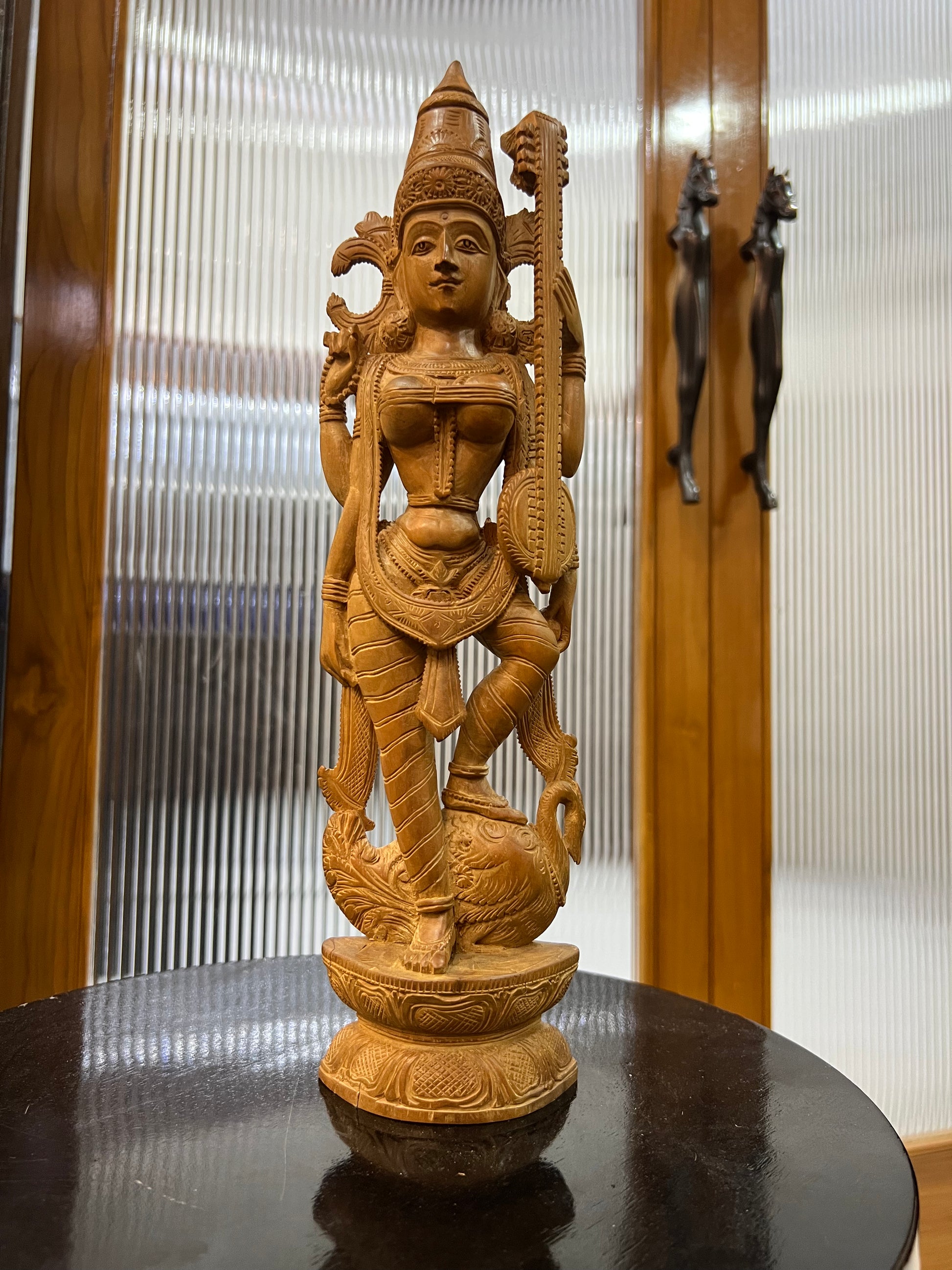 Vintage Sandalwood Carving Saraswati Statue (14" inches)