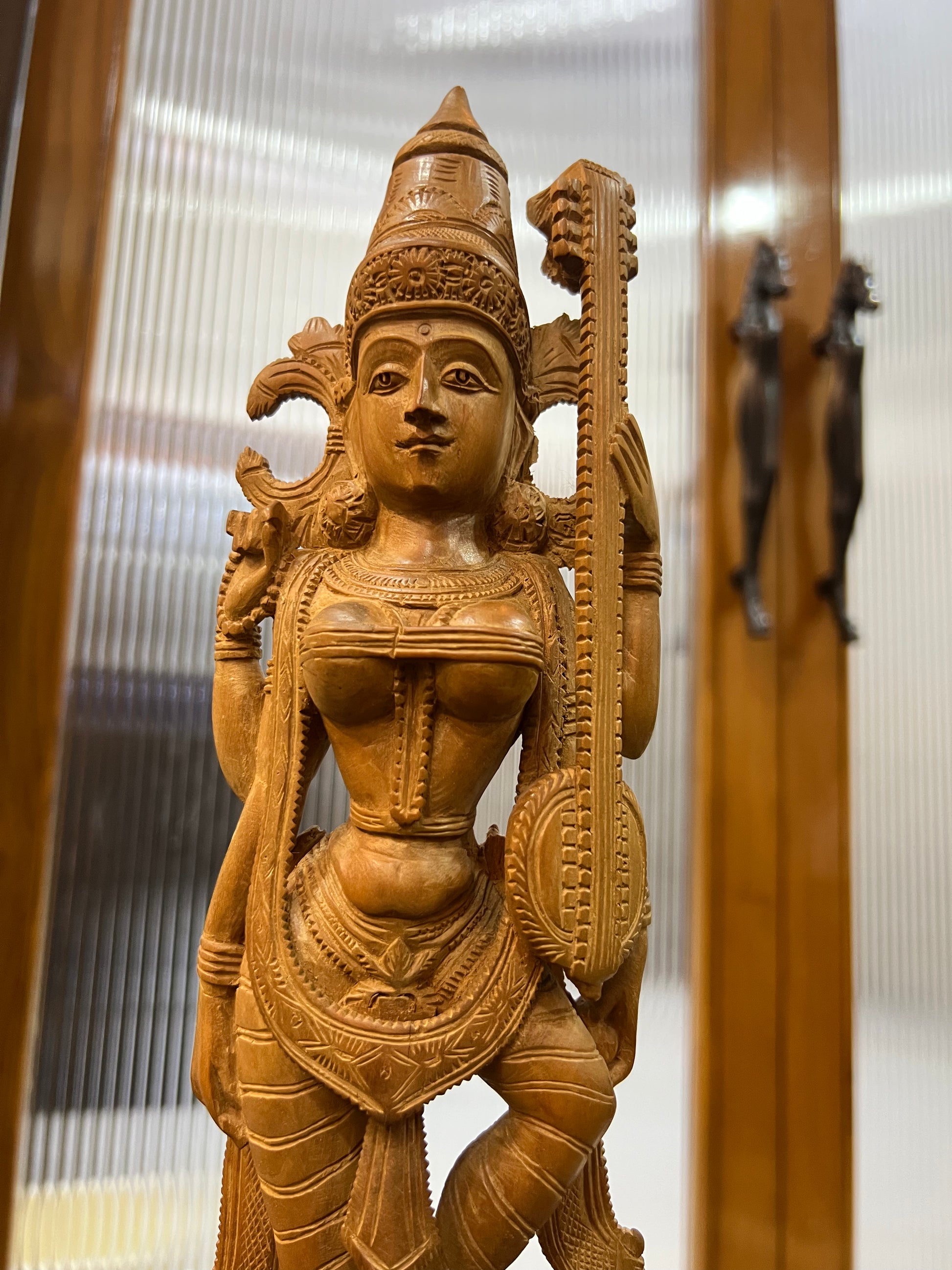 Vintage Sandalwood Carving Saraswati Statue (14" inches)