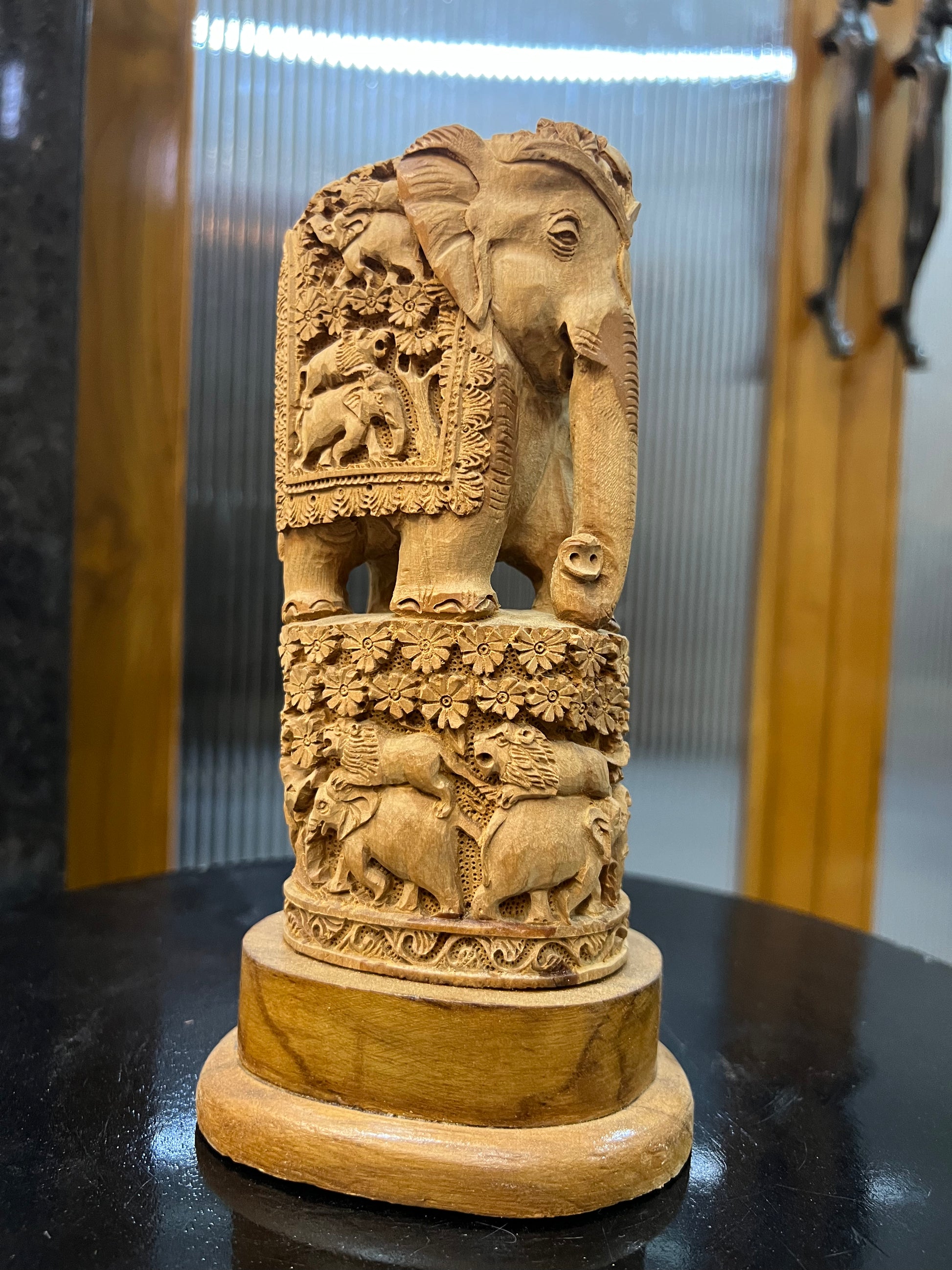 Raw Sandalwood Elephant Carving on Base (8 inches)