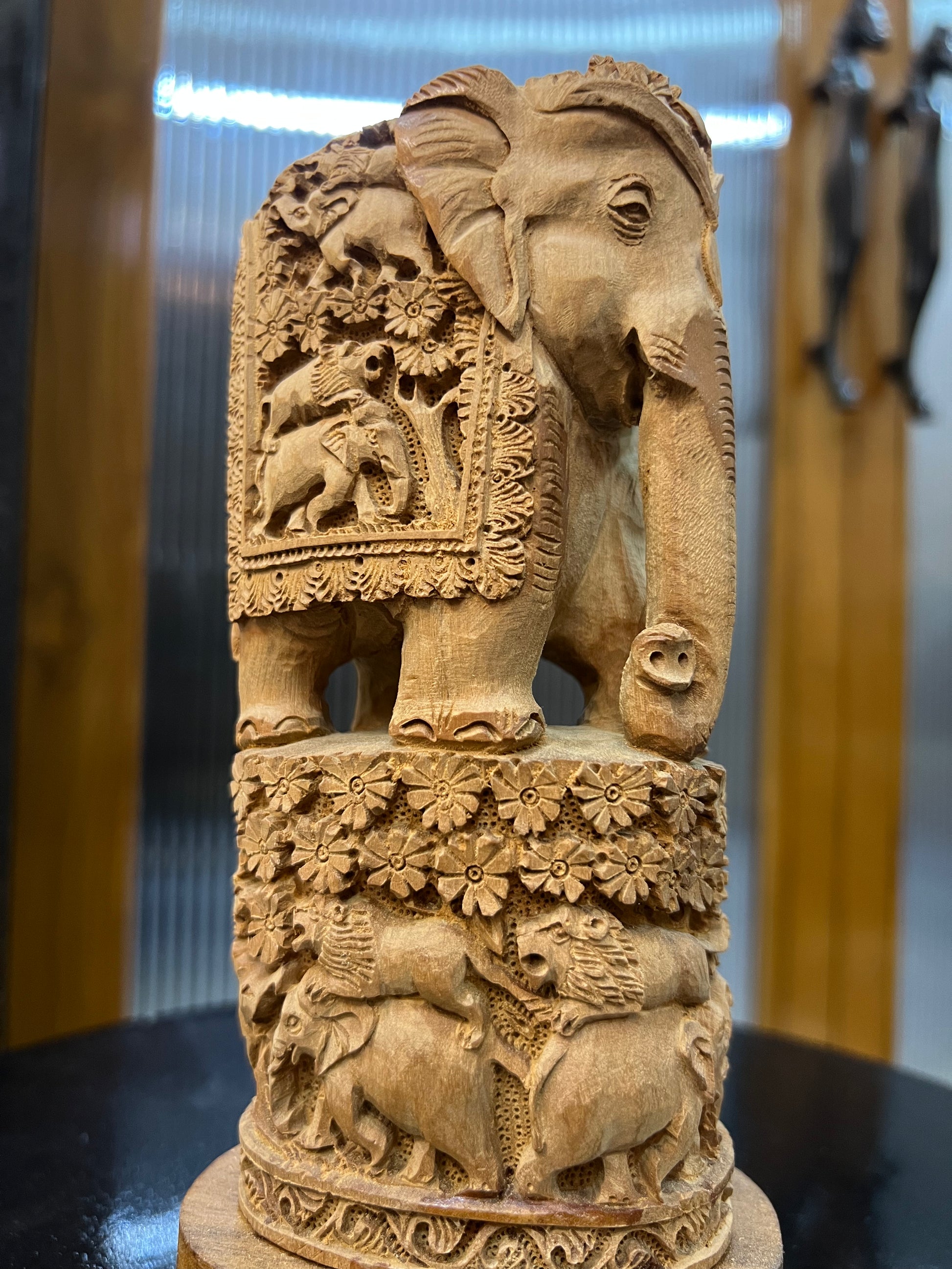Raw Sandalwood Elephant Carving on Base (8 inches)