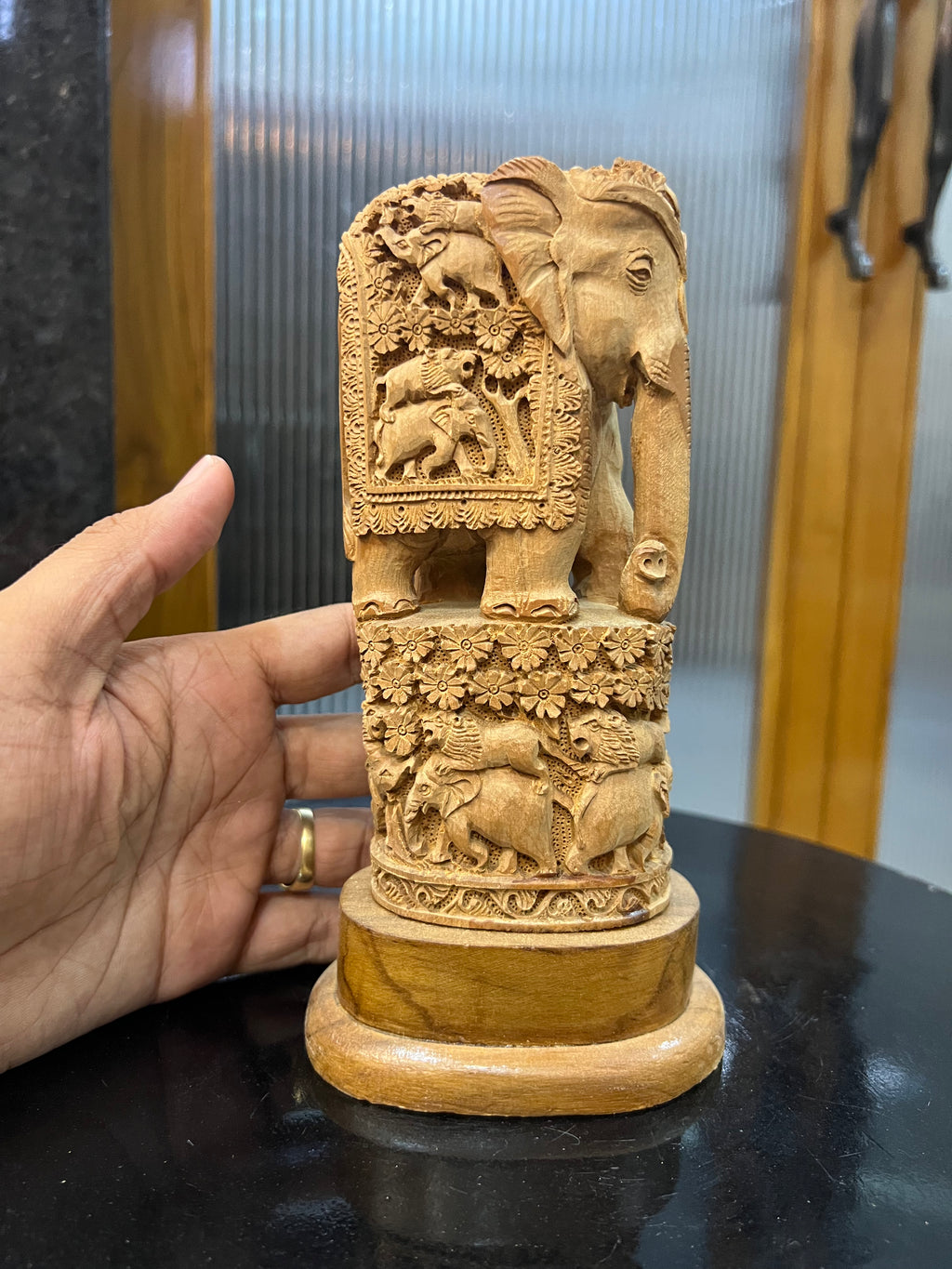 Raw Sandalwood Elephant Carving on Base (8 inches)