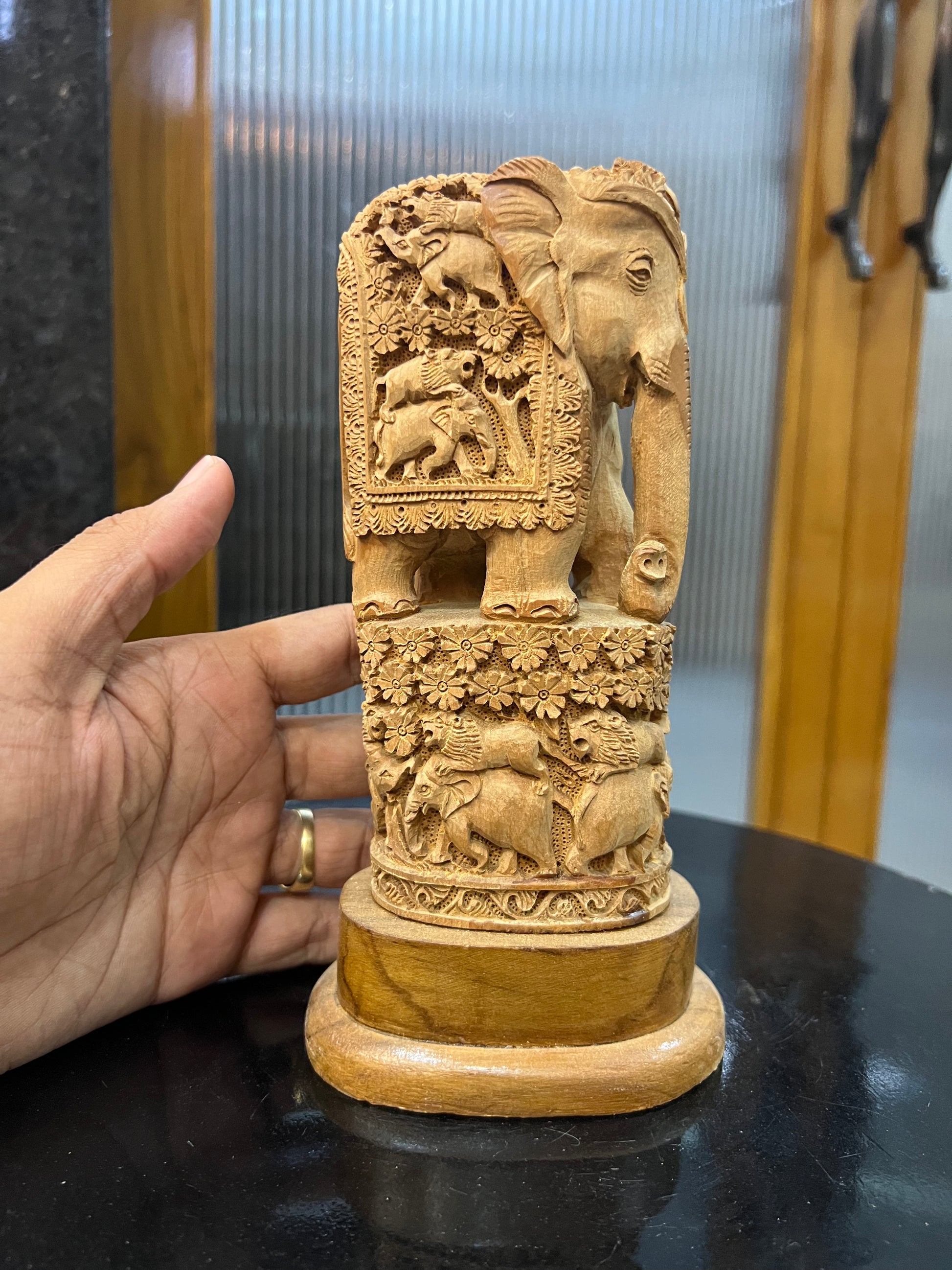 Raw Sandalwood Elephant Carving on Base (8 inches)