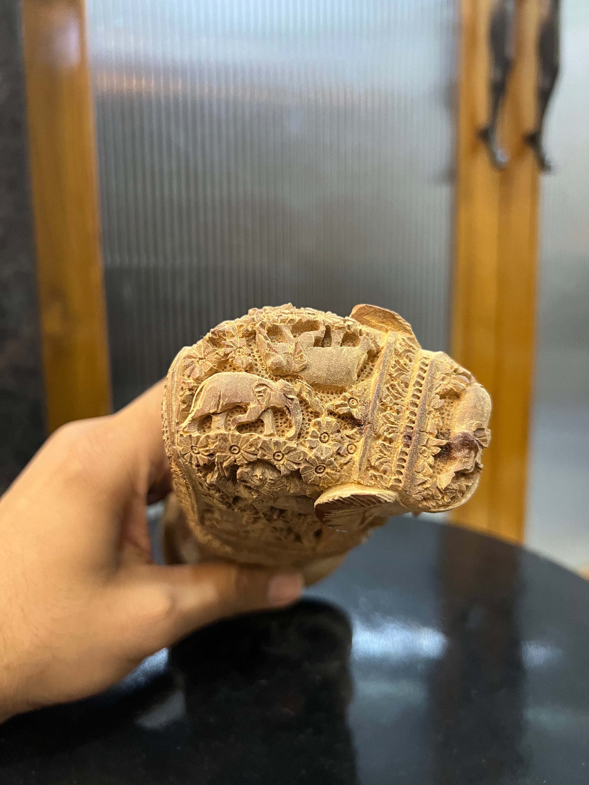 Raw Sandalwood Elephant Carving on Base (8 inches)