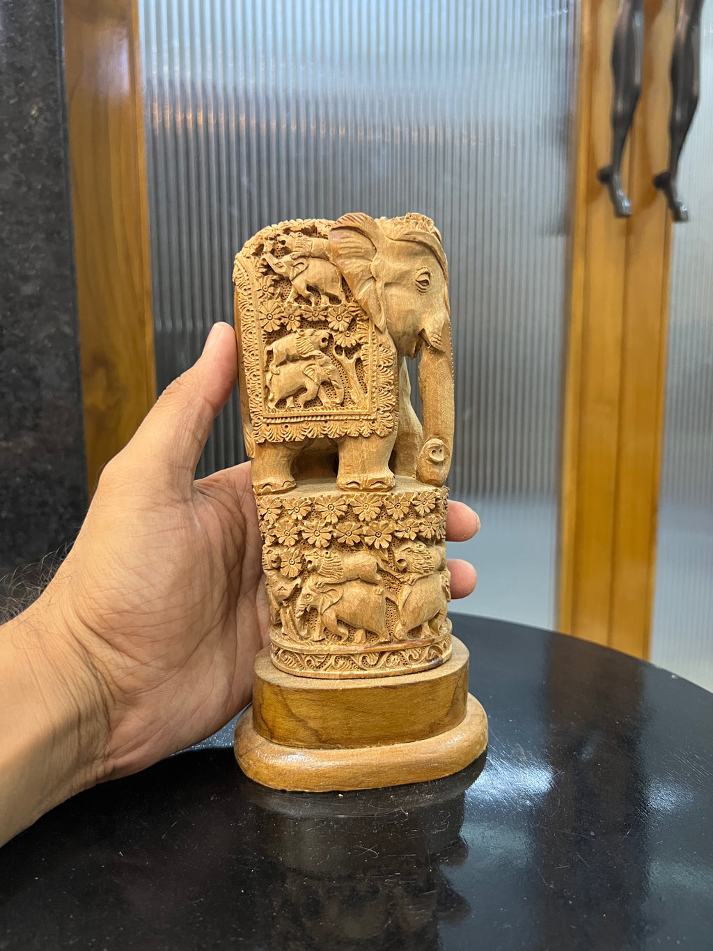 Raw Sandalwood Elephant Carving on Base (8 inches)