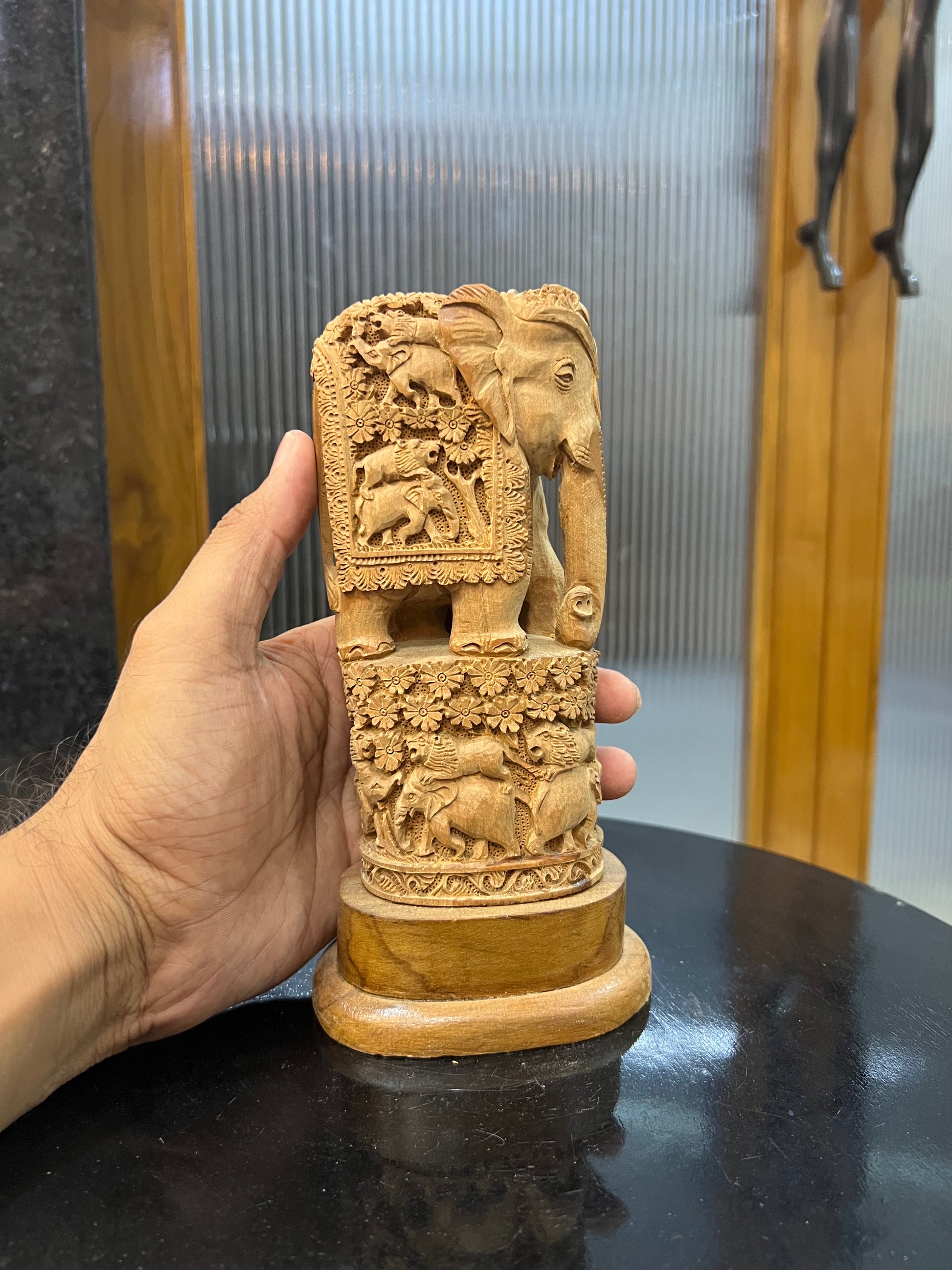 Raw Sandalwood Elephant Carving on Base (8 inches)