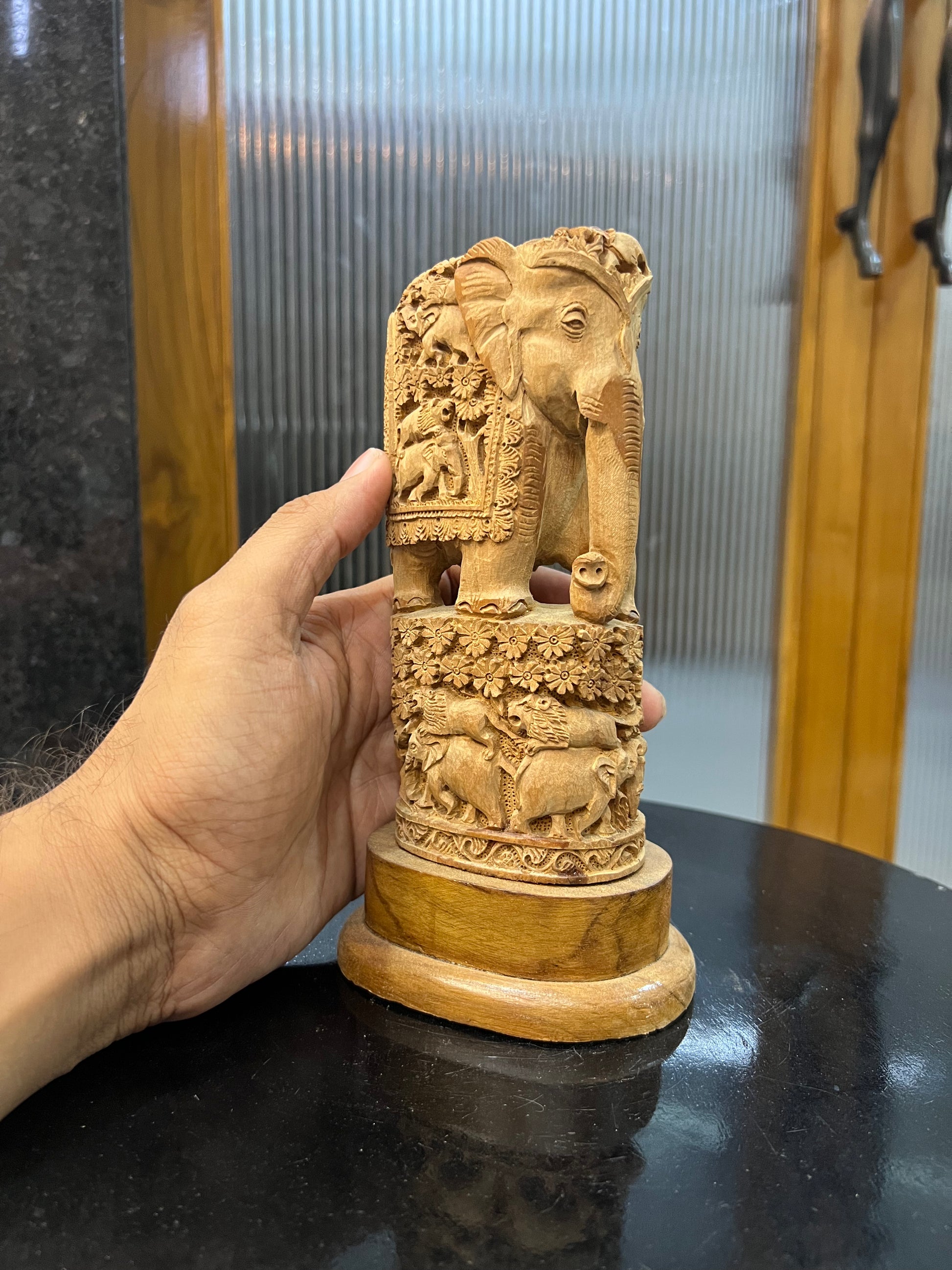 Raw Sandalwood Elephant Carving on Base (8 inches)