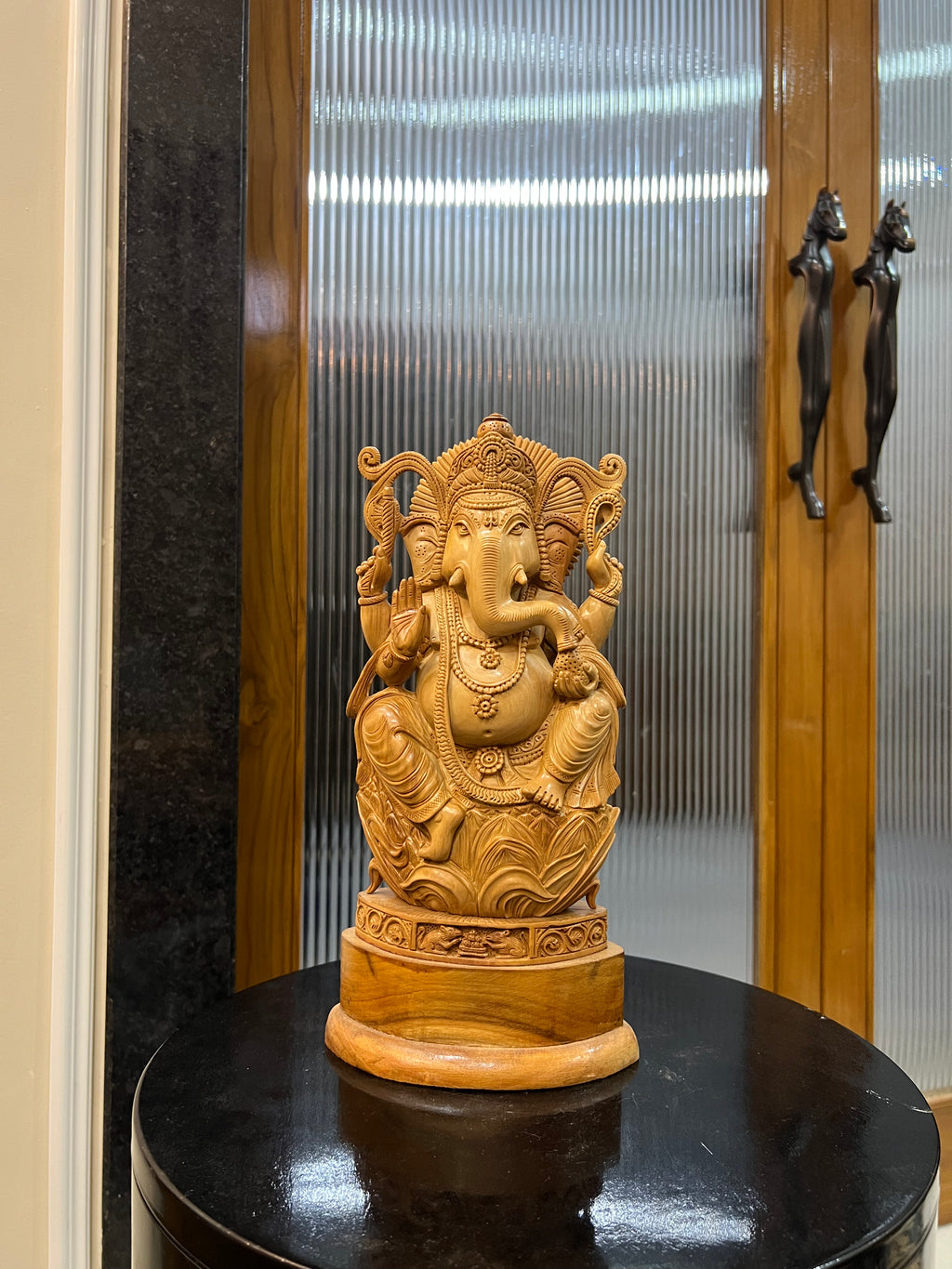 Sandalwood Ganesha Sitting on Lotus Statue (10 inches)