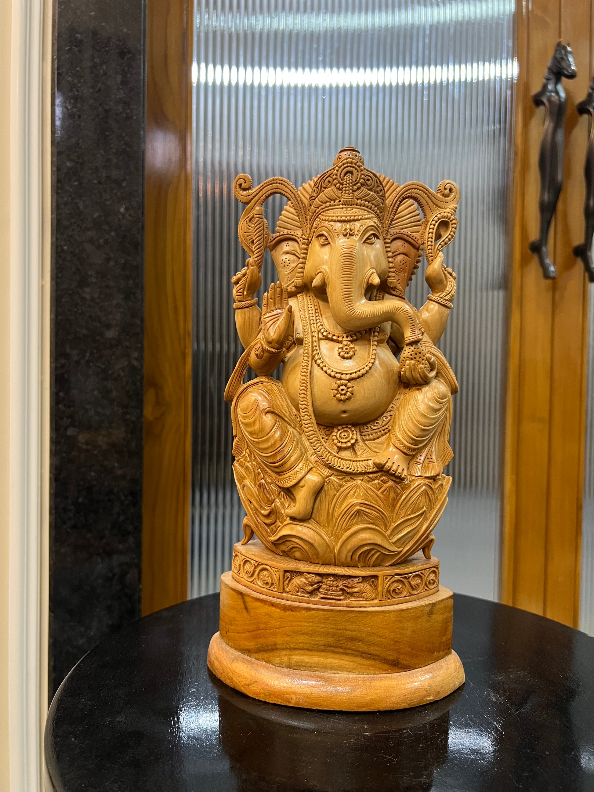 Sandalwood Ganesha Sitting on Lotus Statue (10 inches)