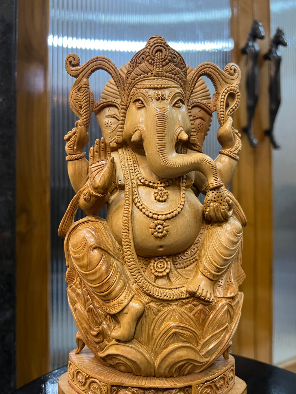Sandalwood Ganesha Sitting on Lotus Statue (10 inches)