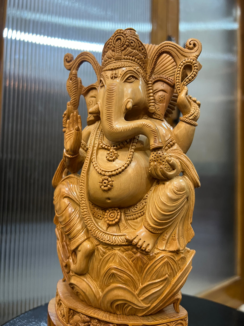 Sandalwood Ganesha Sitting on Lotus Statue (10 inches)