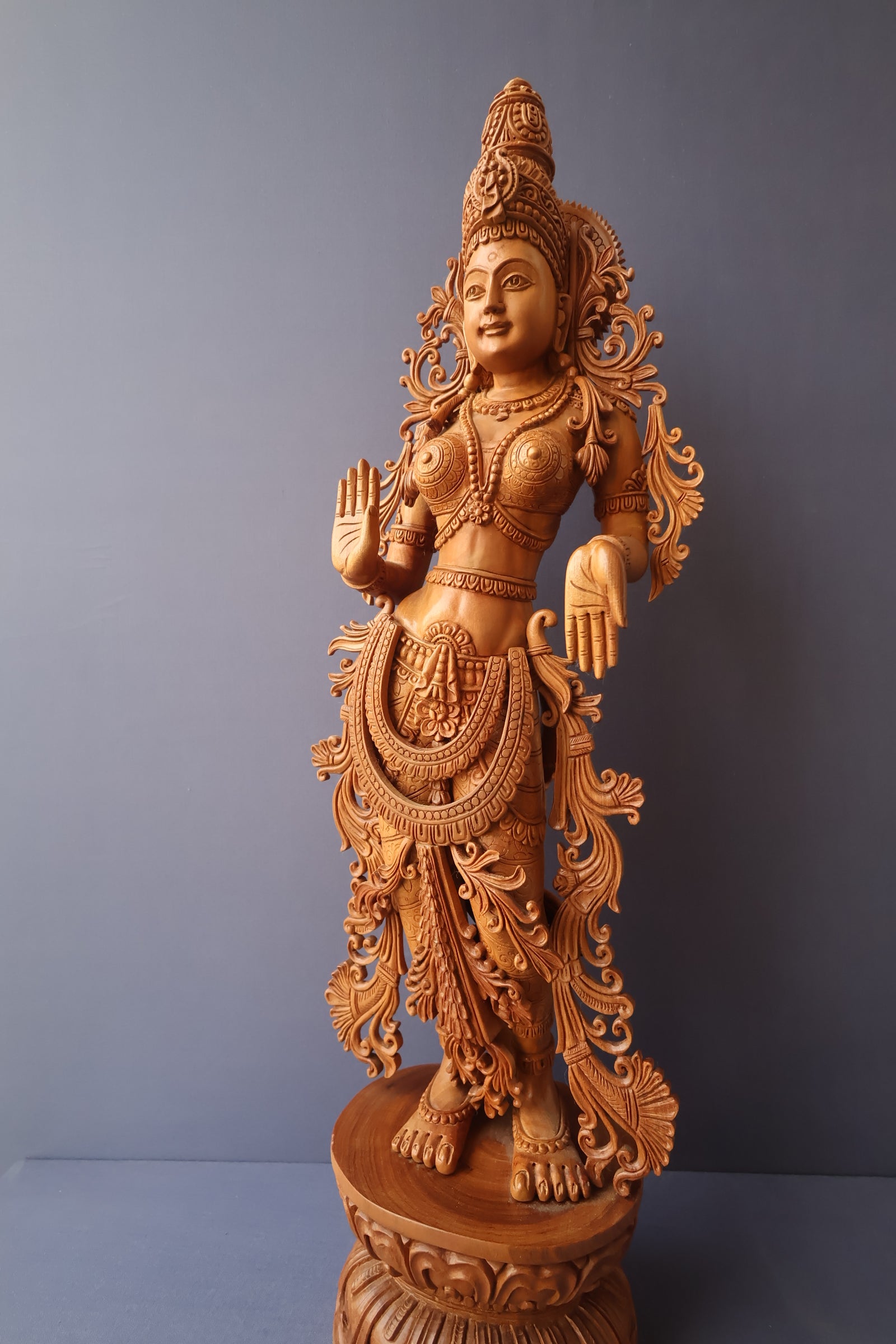 Unique Sandalwood Carved Hindu Goddess Laxmi Idol