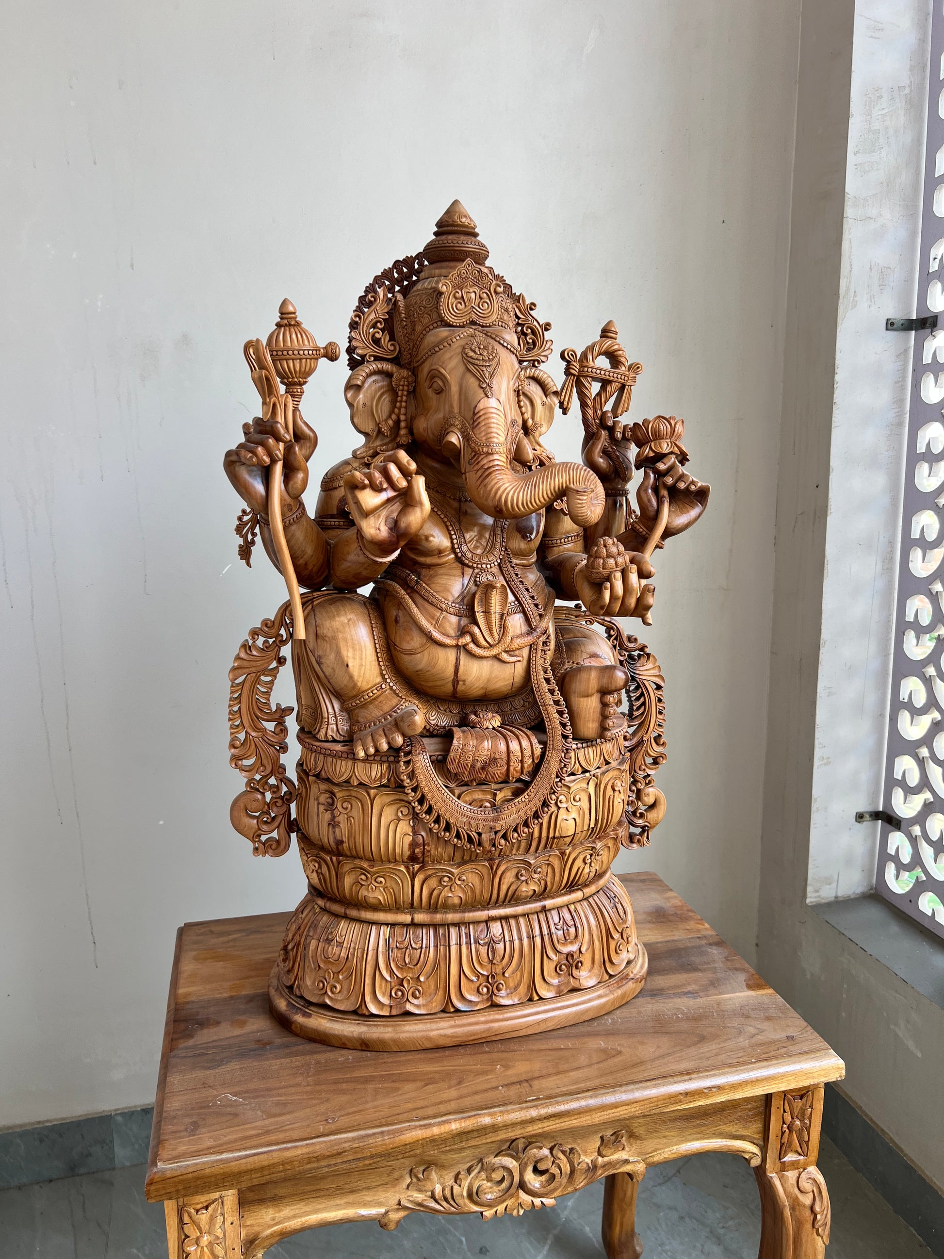 Hand-Carved Sandalwood Ganesha Statue on Lotus Base 32" inch