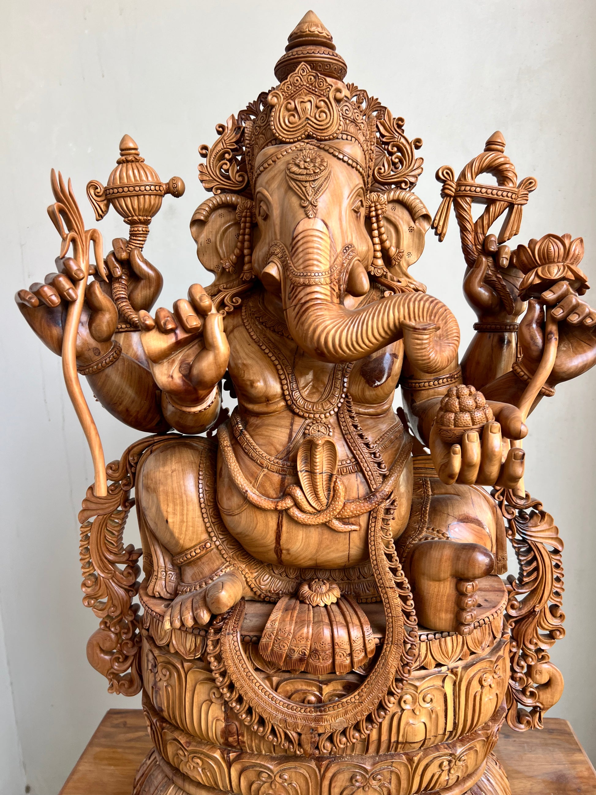 Hand-Carved Sandalwood Ganesha Statue on Lotus Base 32" inch