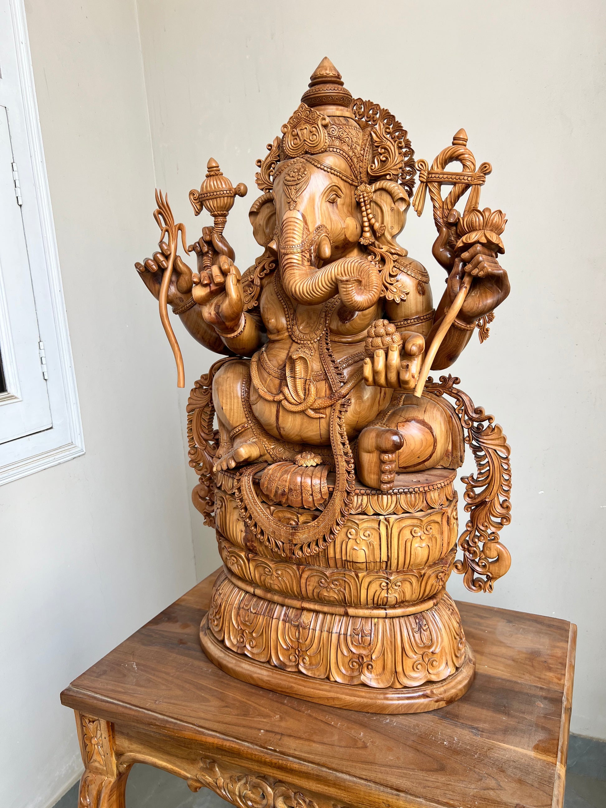 Hand-Carved Sandalwood Ganesha Statue on Lotus Base 32" inch