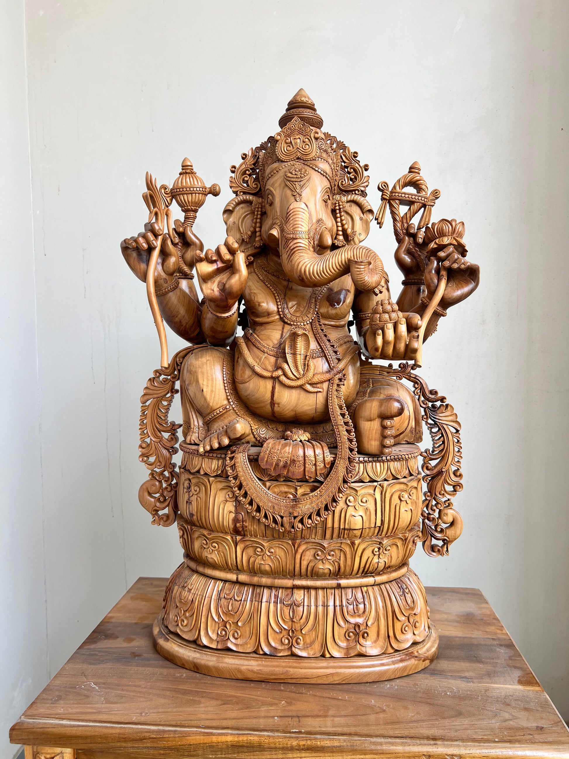 Hand-Carved Sandalwood Ganesha Statue on Lotus Base 32" inch