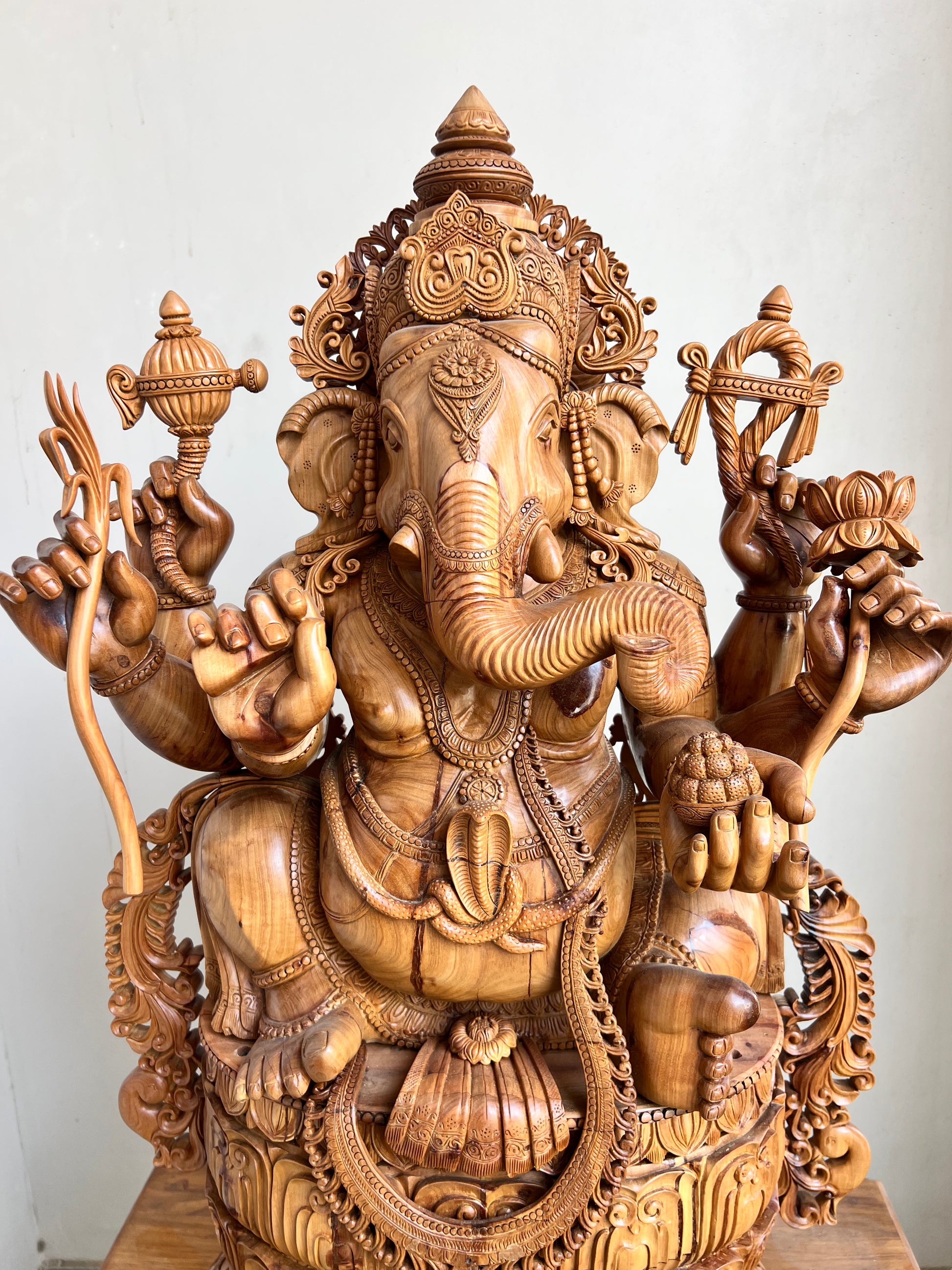 Hand-Carved Sandalwood Ganesha Statue on Lotus Base 32" inch