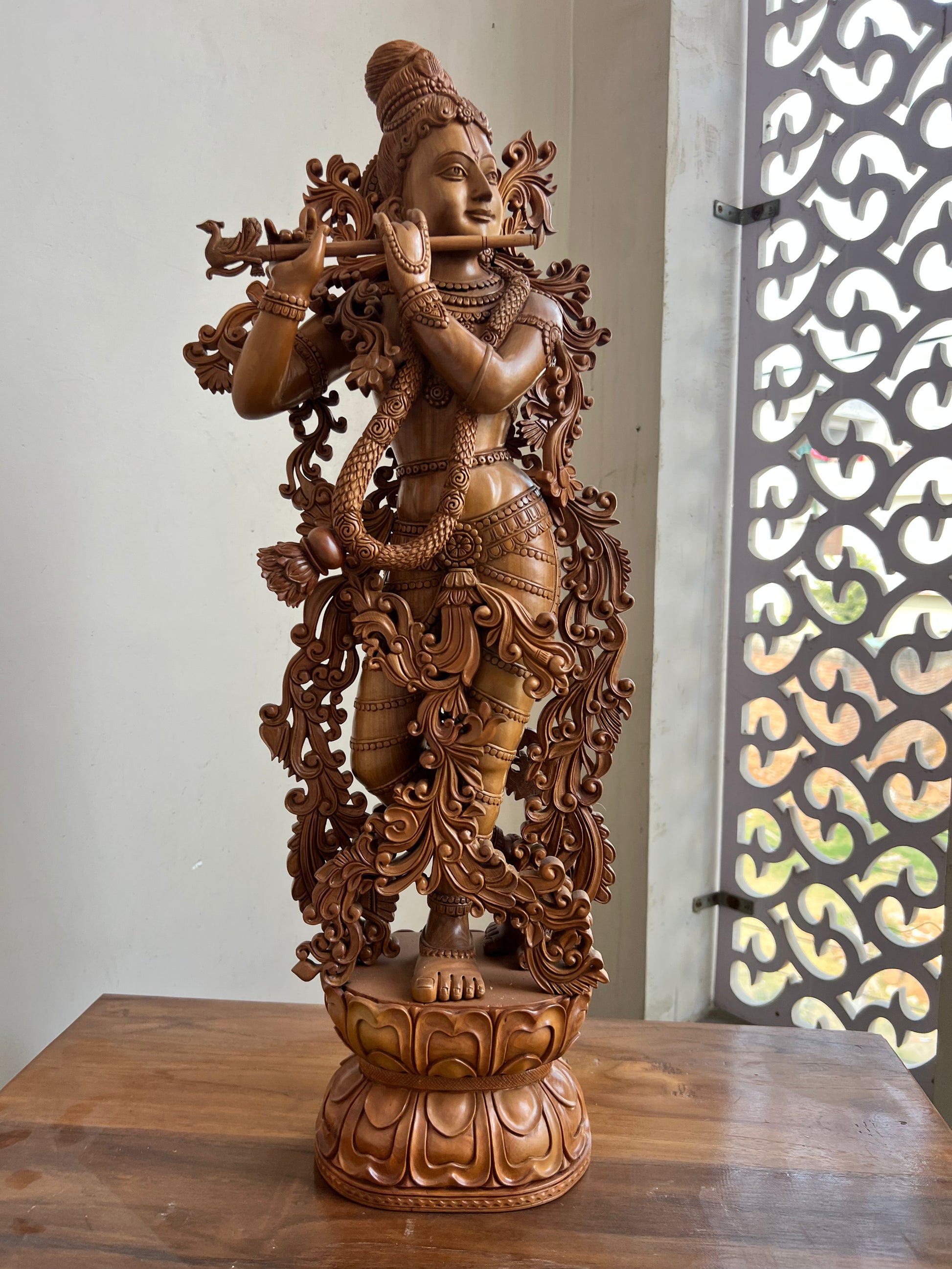 Hand-Carved Sandalwood Krishna Statue (26” Tall)