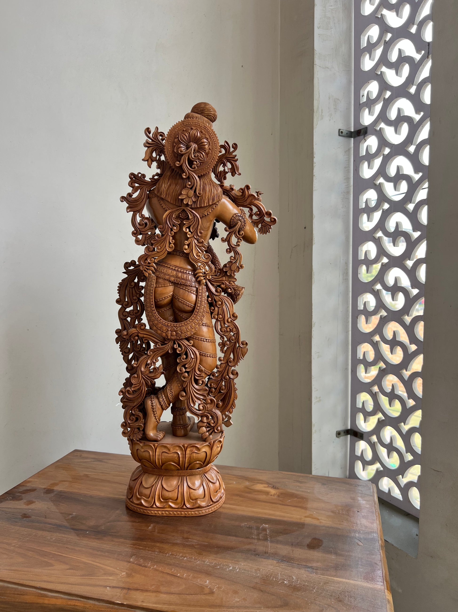 Hand-Carved Sandalwood Krishna Statue (26” Tall)