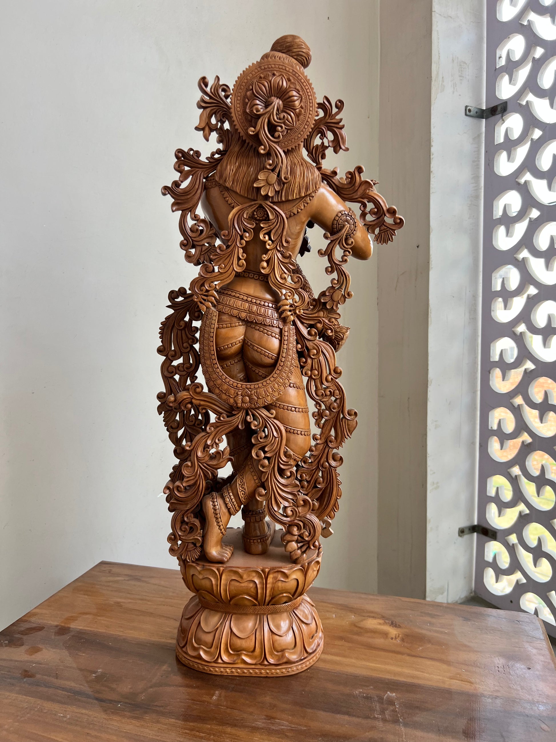 Hand-Carved Sandalwood Krishna Statue (26” Tall)