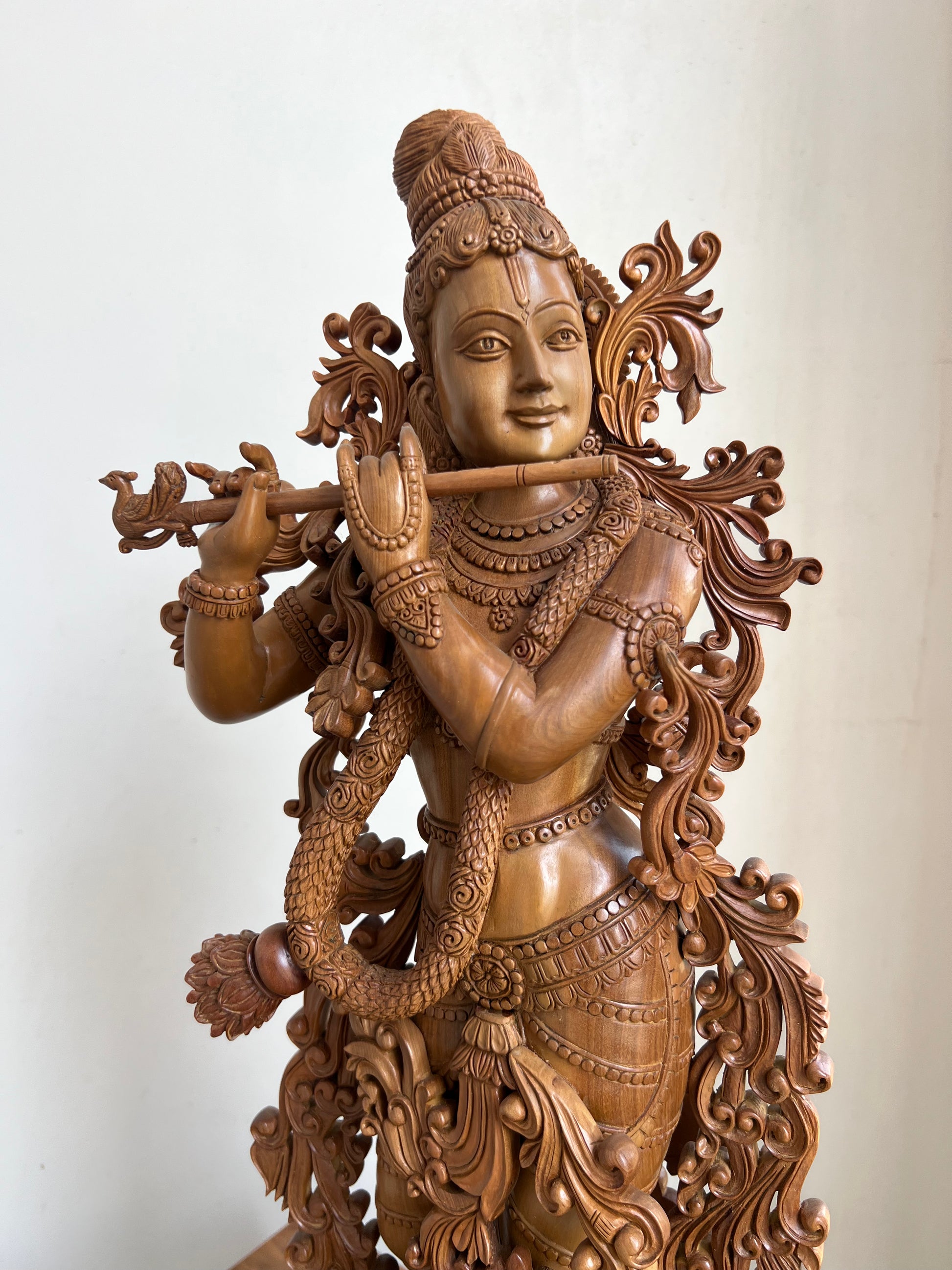 Hand-Carved Sandalwood Krishna Statue (26” Tall)
