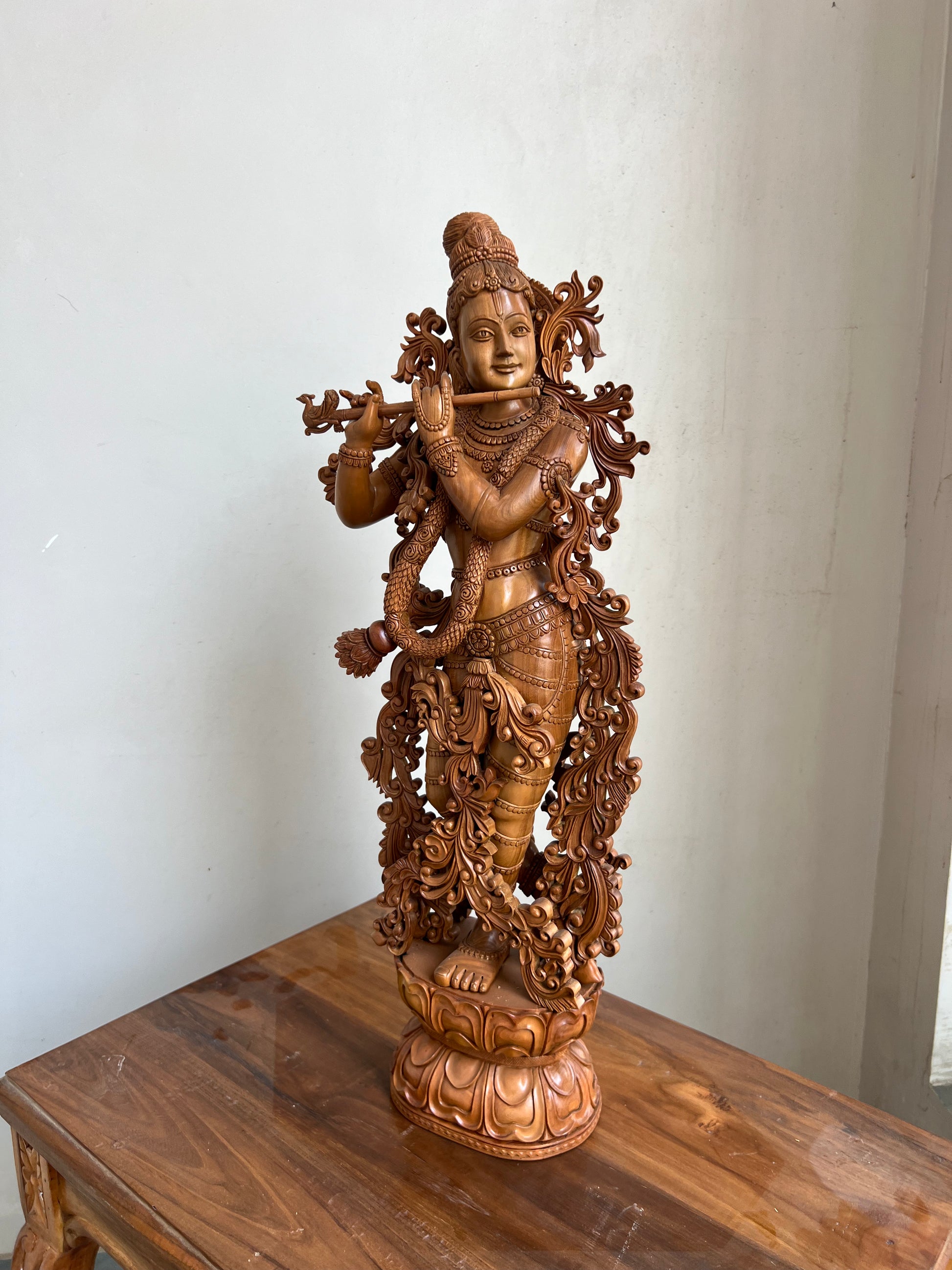 Hand-Carved Sandalwood Krishna Statue (26” Tall)