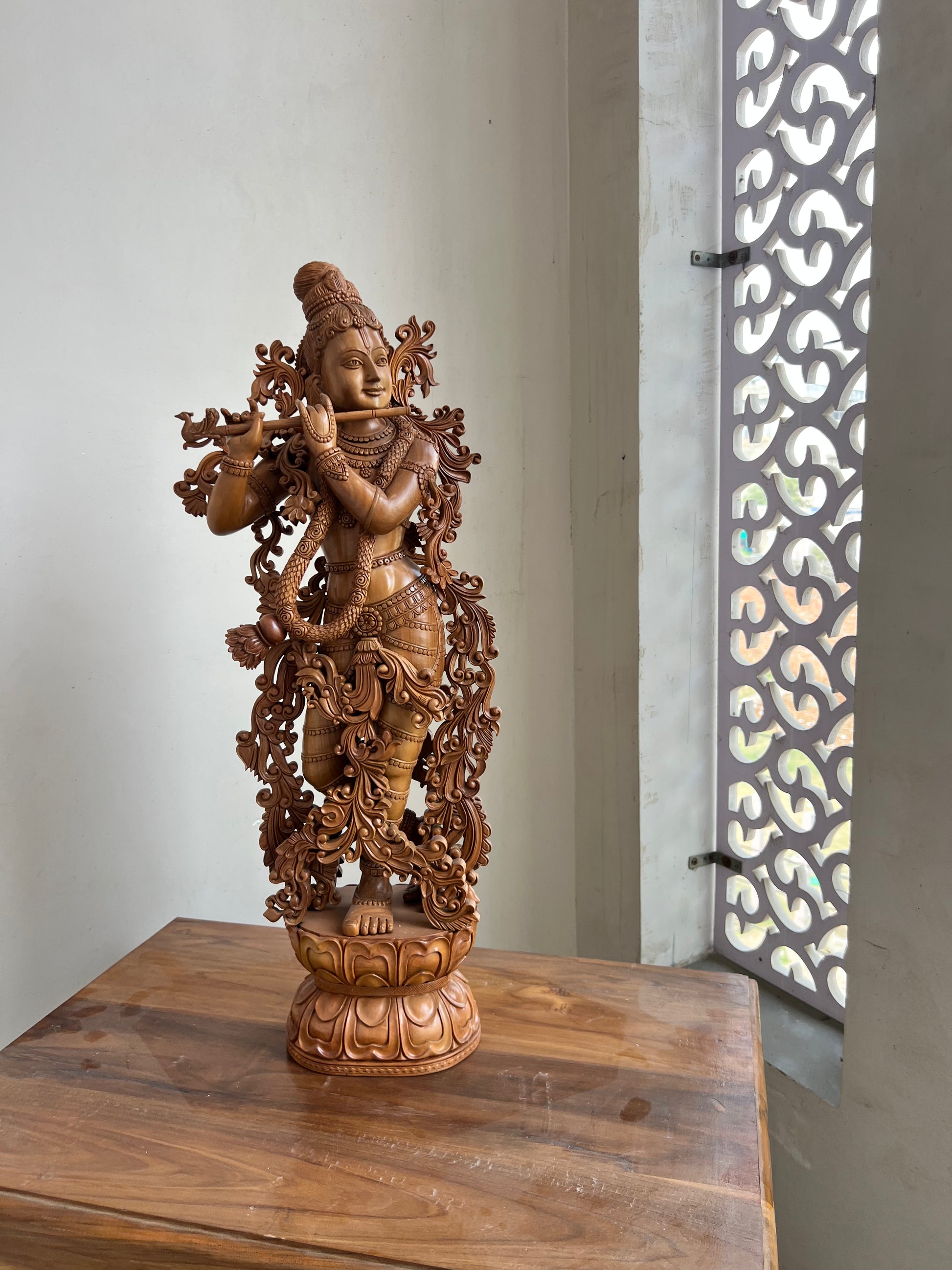 Hand-Carved Sandalwood Krishna Statue (26” Tall)