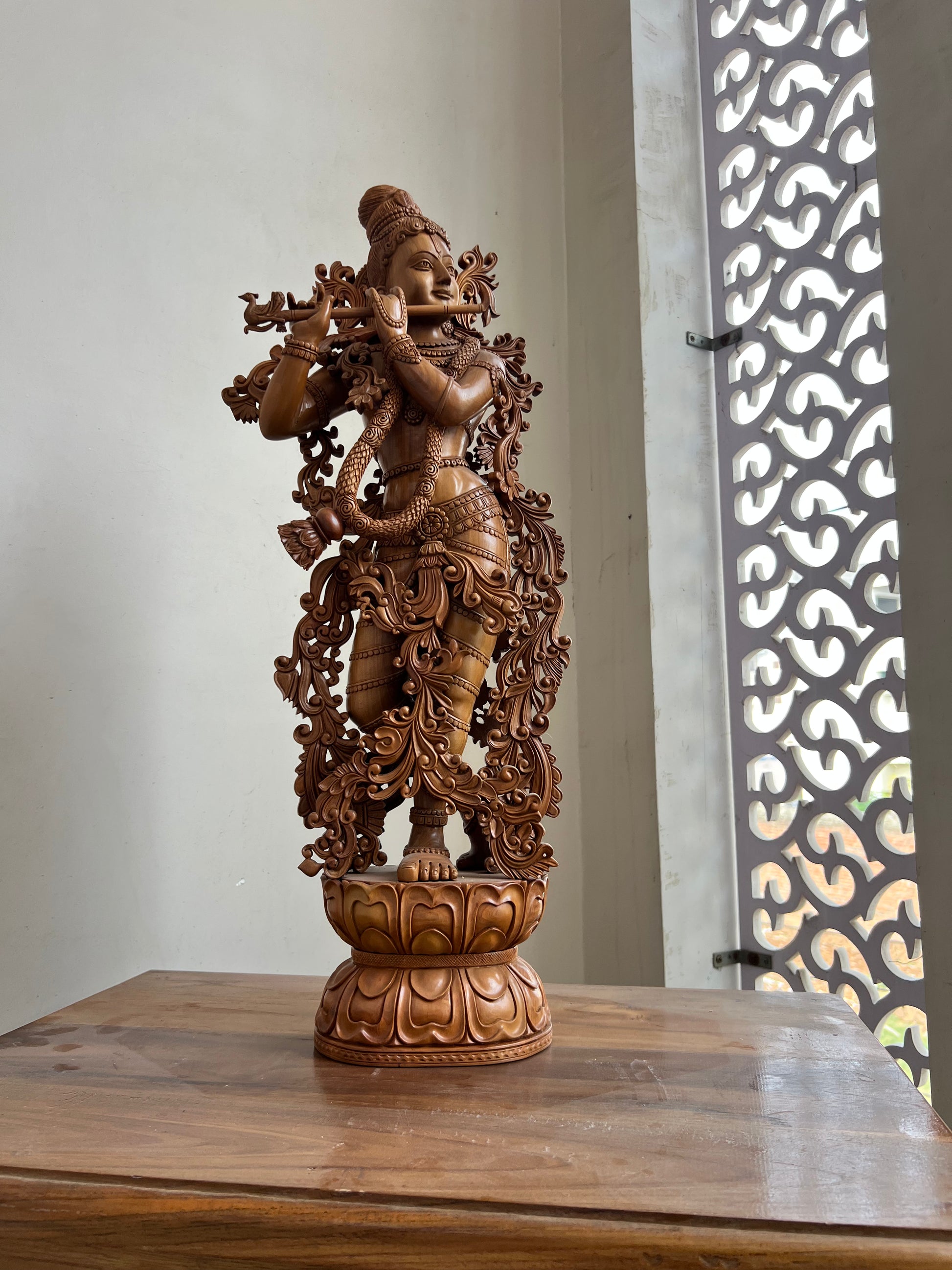 Hand-Carved Sandalwood Krishna Statue (26” Tall)