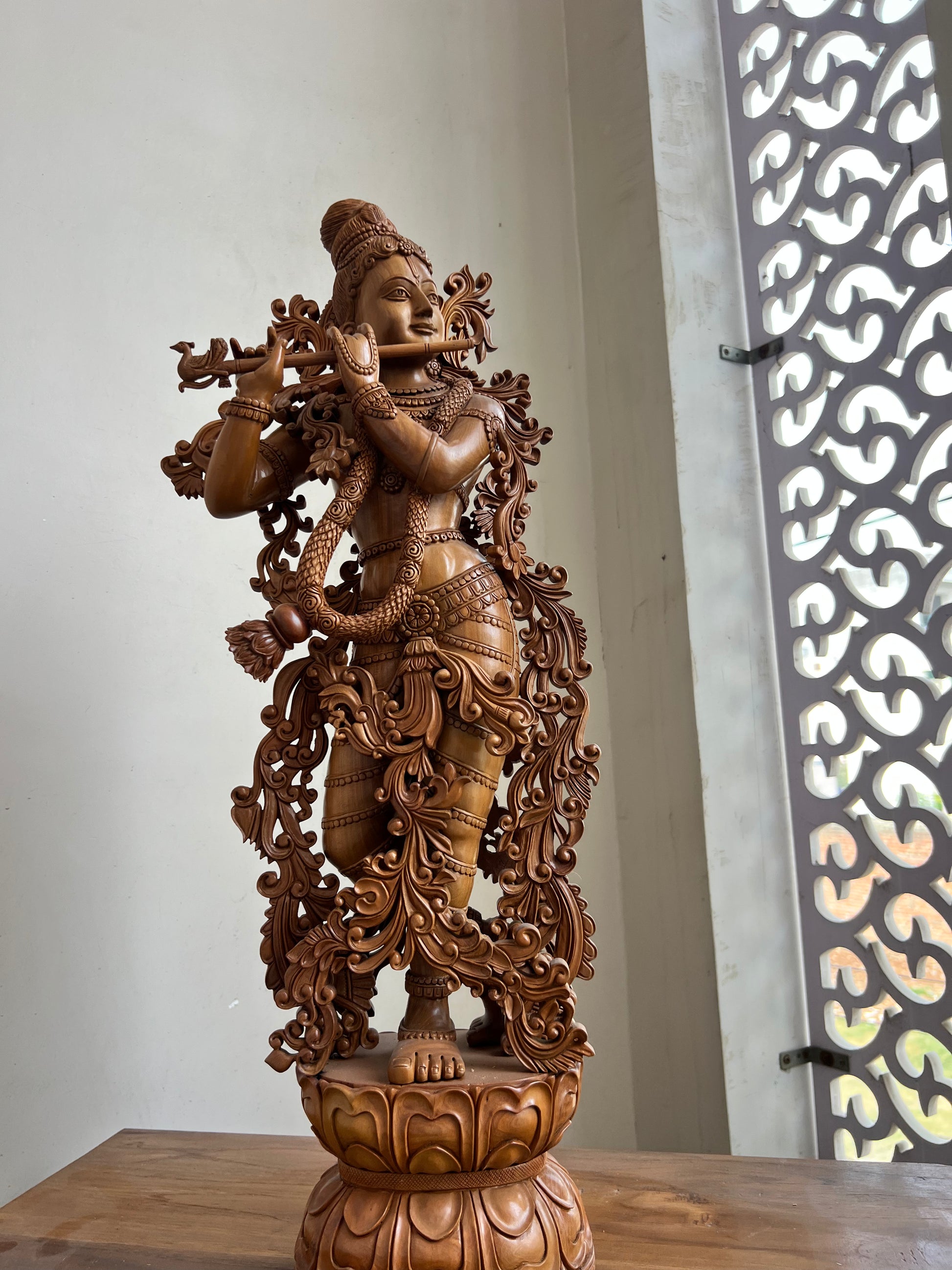 Hand-Carved Sandalwood Krishna Statue (26” Tall)