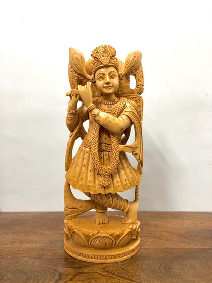 Wooden beautifully hand carved lord Krishna statue