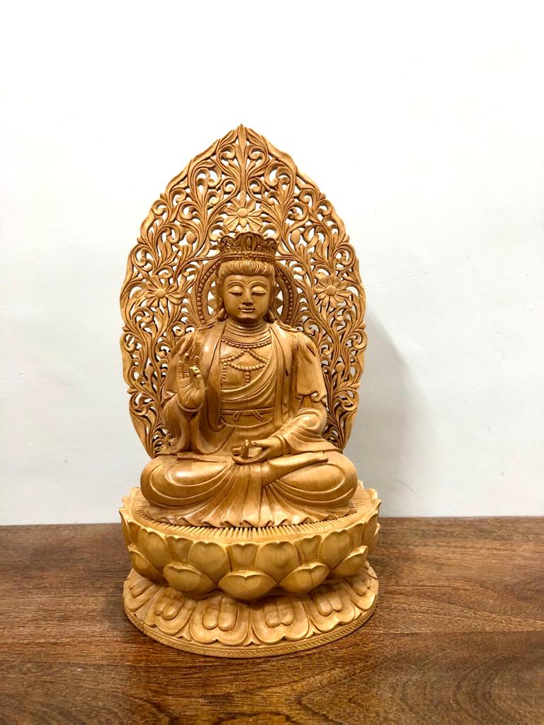 Beautifully Carved Wooden Jali Buddha Sitting Statue