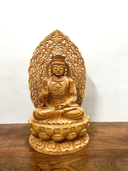 Beautifully Carved Wooden Jali Buddha Sitting Statue