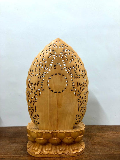 Beautifully Carved Wooden Jali Buddha Sitting Statue