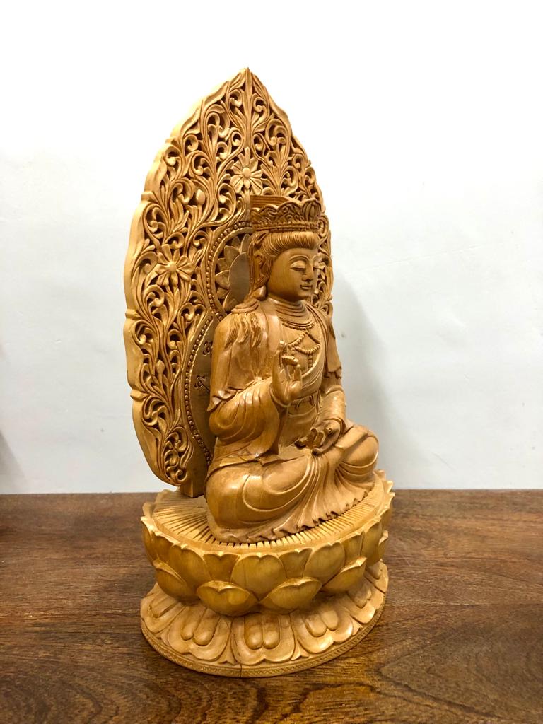 Beautifully Carved Wooden Jali Buddha Sitting Statue